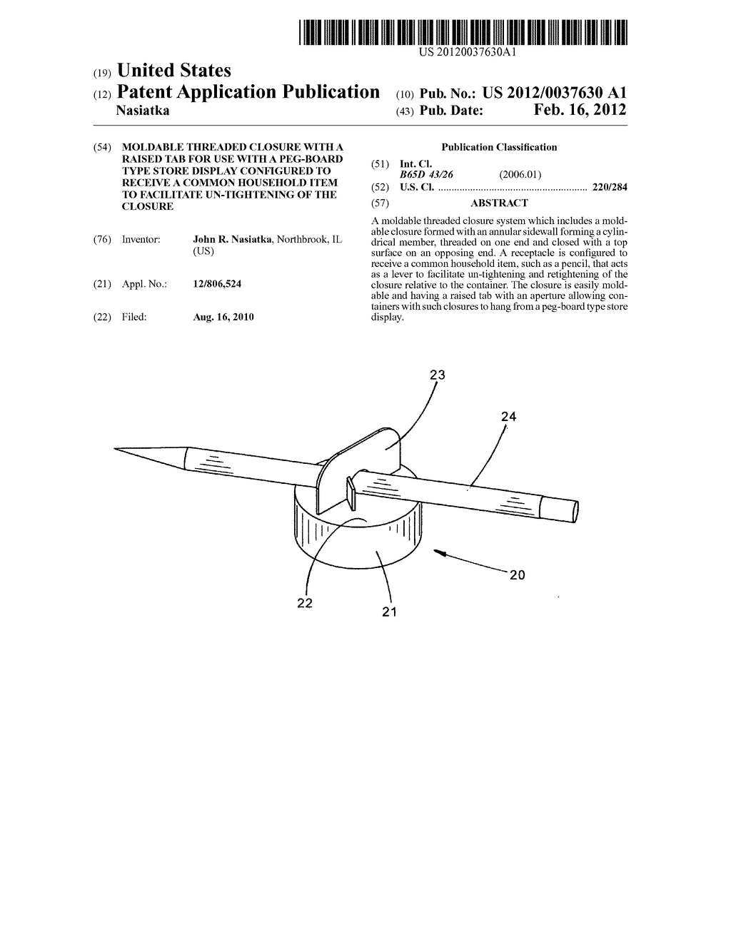 Moldable threaded closure with a raised tab for use with a peg-board type     store display configured to receive a common household item to facilitate     un-tightening of the closure - diagram, schematic, and image 01