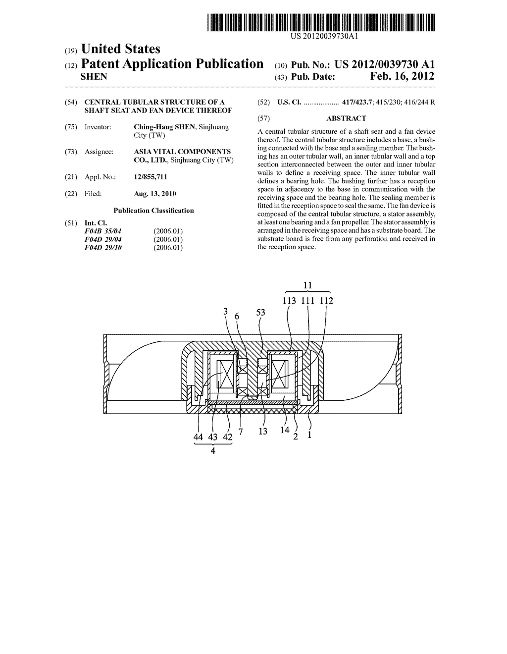 CENTRAL TUBULAR STRUCTURE OF A SHAFT SEAT AND FAN DEVICE THEREOF - diagram, schematic, and image 01