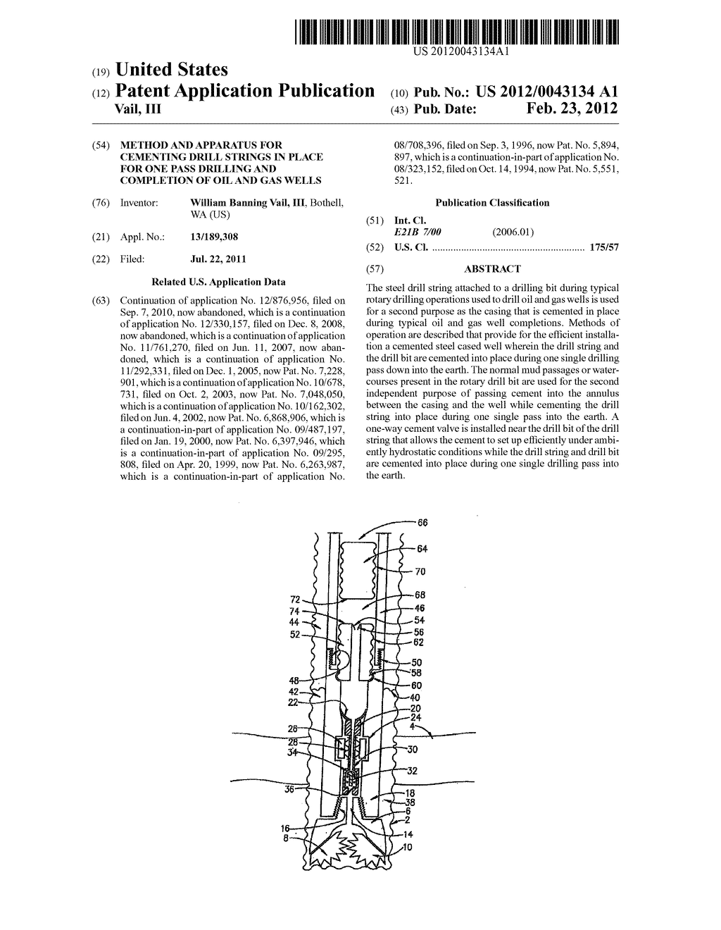 METHOD AND APPARATUS FOR CEMENTING DRILL STRINGS IN PLACE FOR ONE PASS     DRILLING AND COMPLETION OF OIL AND GAS WELLS - diagram, schematic, and image 01