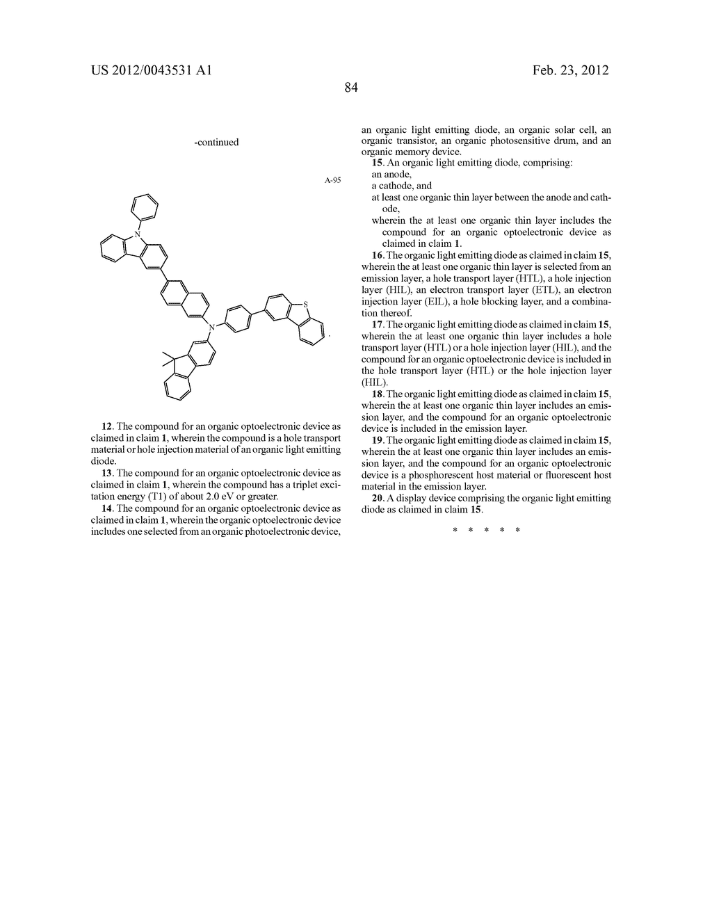 COMPOUND FOR ORGANIC OPTOELECTRONIC DEVICE, ORGANIC LIGHT EMITTING DIODE     INCLUDING THE SAME, AND DISPLAY DEVICE INCLUDING THE LIGHT EMITTING DIODE - diagram, schematic, and image 90