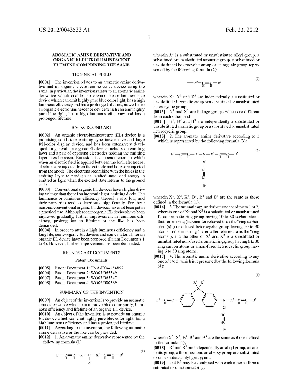 AROMATIC AMINE DERIVATIVE AND ORGANIC ELECTROLUMINESCENT ELEMENT     COMPRISING THE SAME - diagram, schematic, and image 02