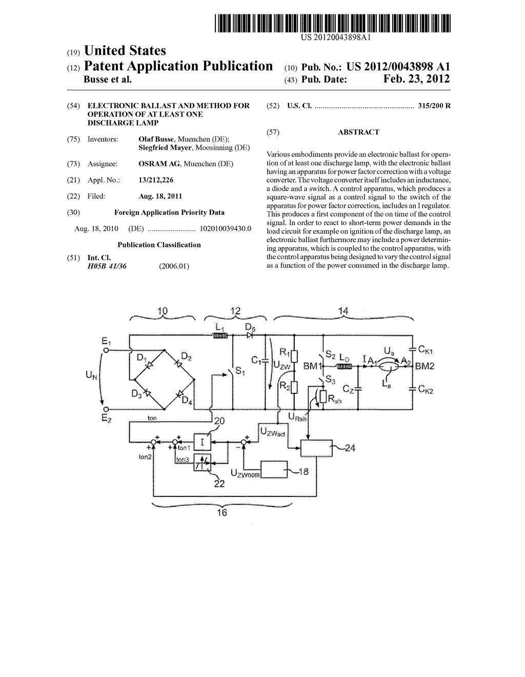 ELECTRONIC BALLAST AND METHOD FOR OPERATION OF AT LEAST ONE DISCHARGE LAMP - diagram, schematic, and image 01