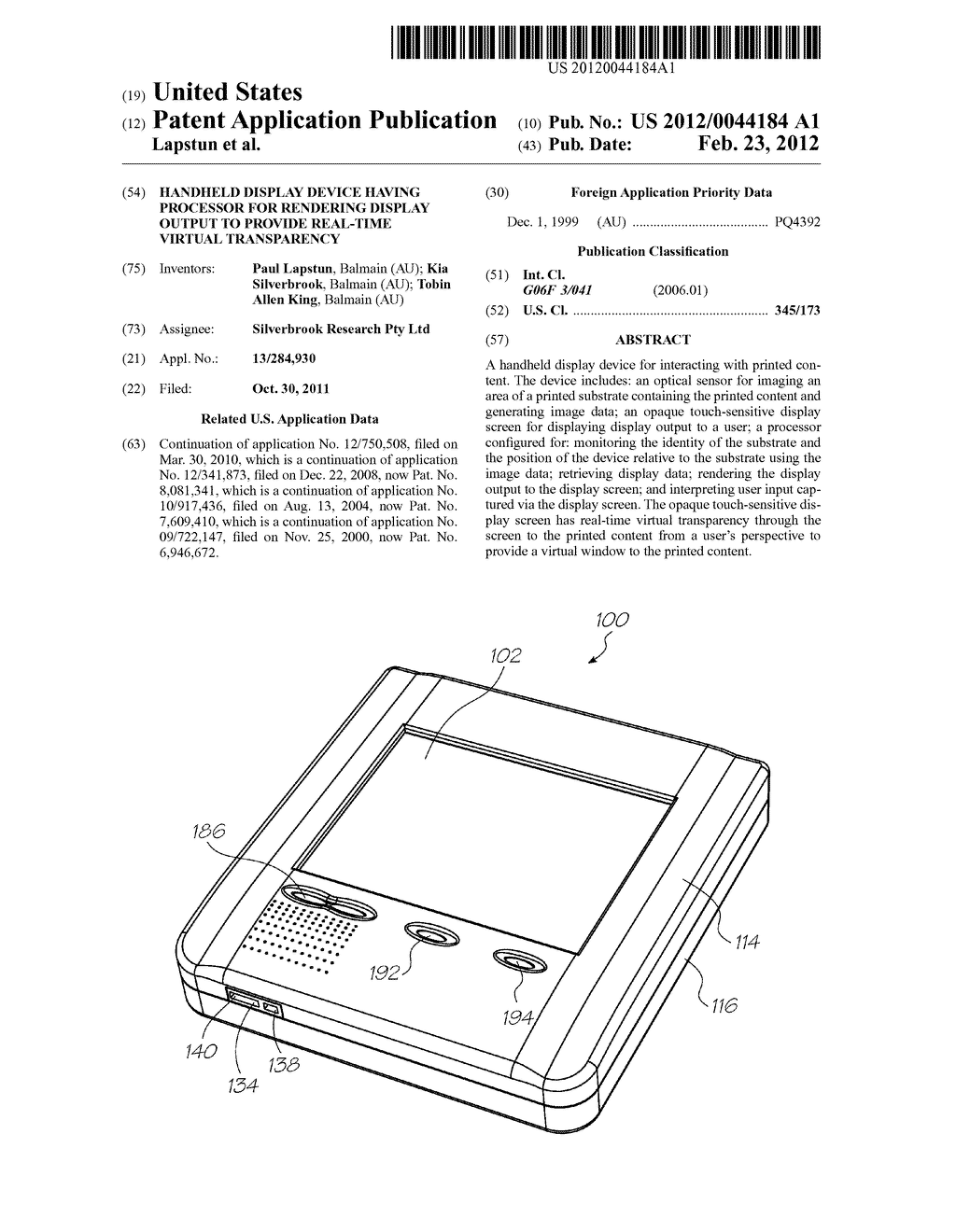 HANDHELD DISPLAY DEVICE HAVING PROCESSOR FOR RENDERING DISPLAY OUTPUT TO     PROVIDE REAL-TIME VIRTUAL TRANSPARENCY - diagram, schematic, and image 01
