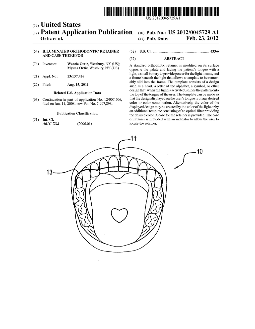 Illuminated orthodontic retainer and case therefor - diagram, schematic, and image 01