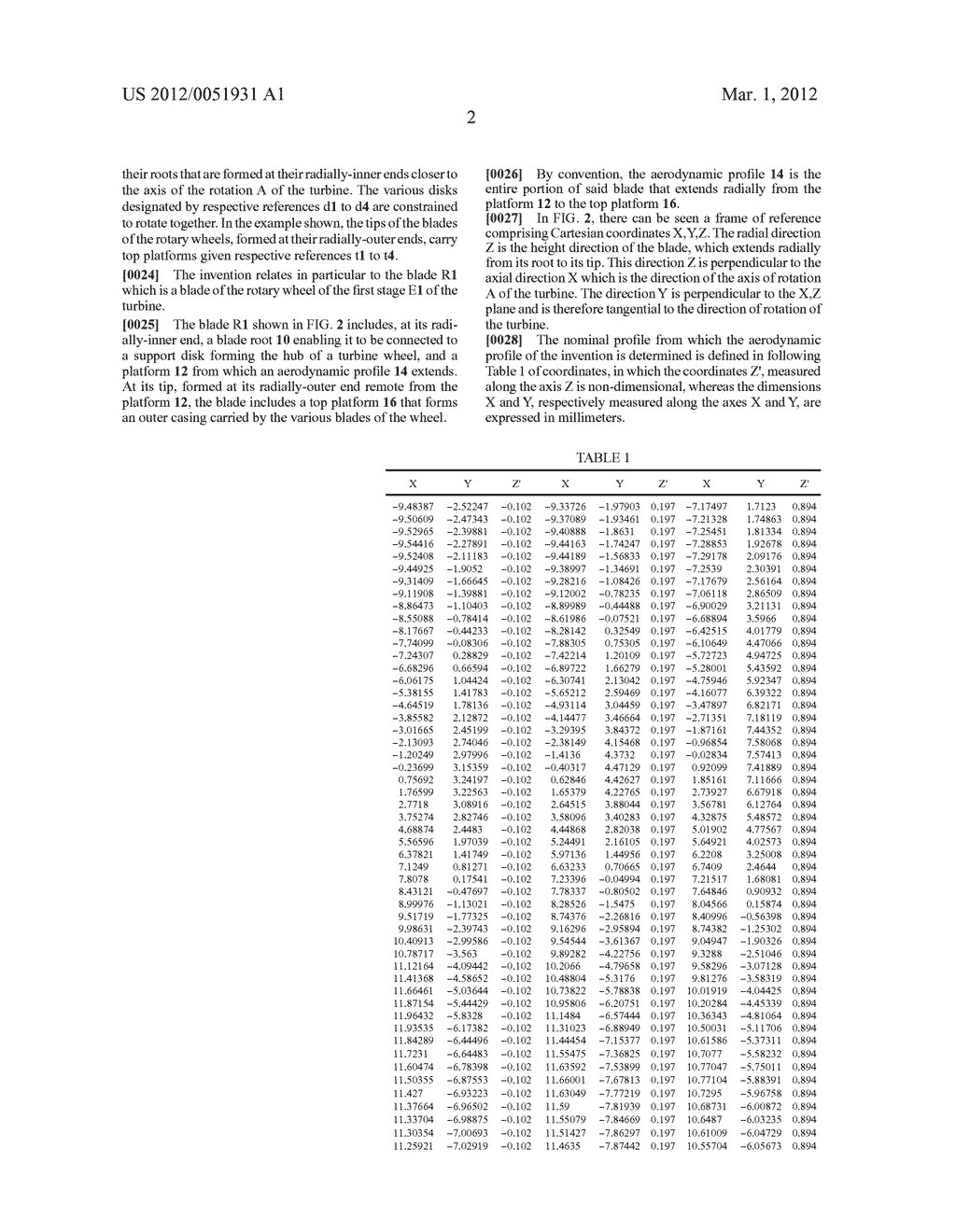 OPTIMIZED AERODYNAMIC PROFILE FOR A TURBINE BLADE, IN PARTICULAR FOR A     ROTARY WHEEL OF THE FIRST STAGE OF A TURBINE - diagram, schematic, and image 05