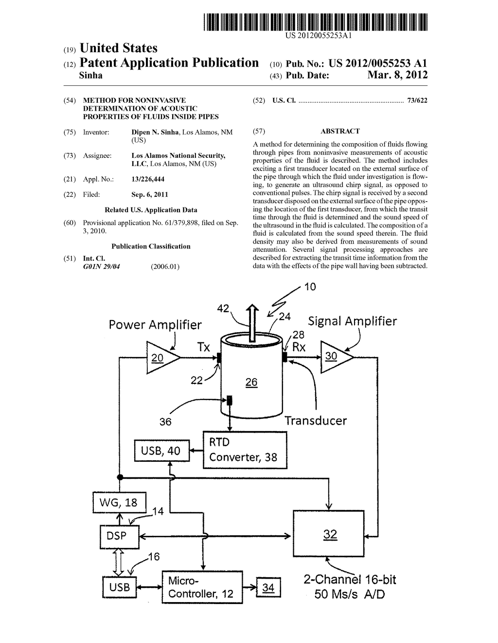 METHOD FOR NONINVASIVE DETERMINATION OF ACOUSTIC PROPERTIES OF FLUIDS     INSIDE PIPES - diagram, schematic, and image 01