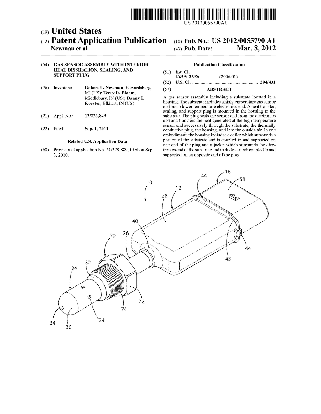 Gas Sensor Assembly with Interior Heat Dissipation, Sealing, and Support     Plug - diagram, schematic, and image 01