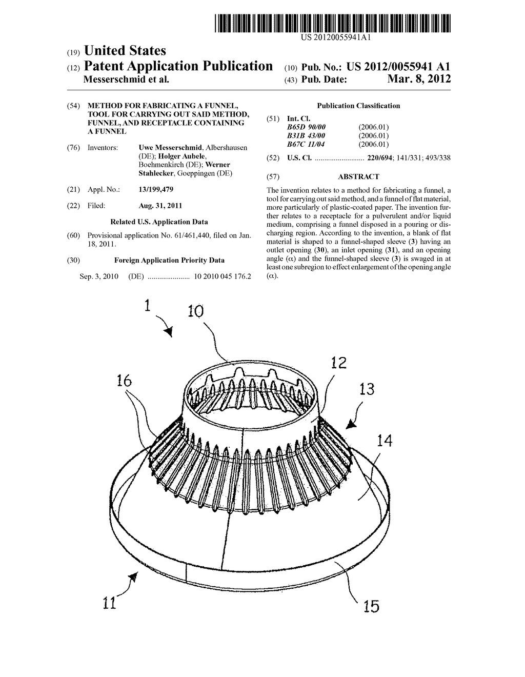 Method for fabricating a funnel, tool for carrying out said method,     funnel, and receptacle containing a funnel - diagram, schematic, and image 01