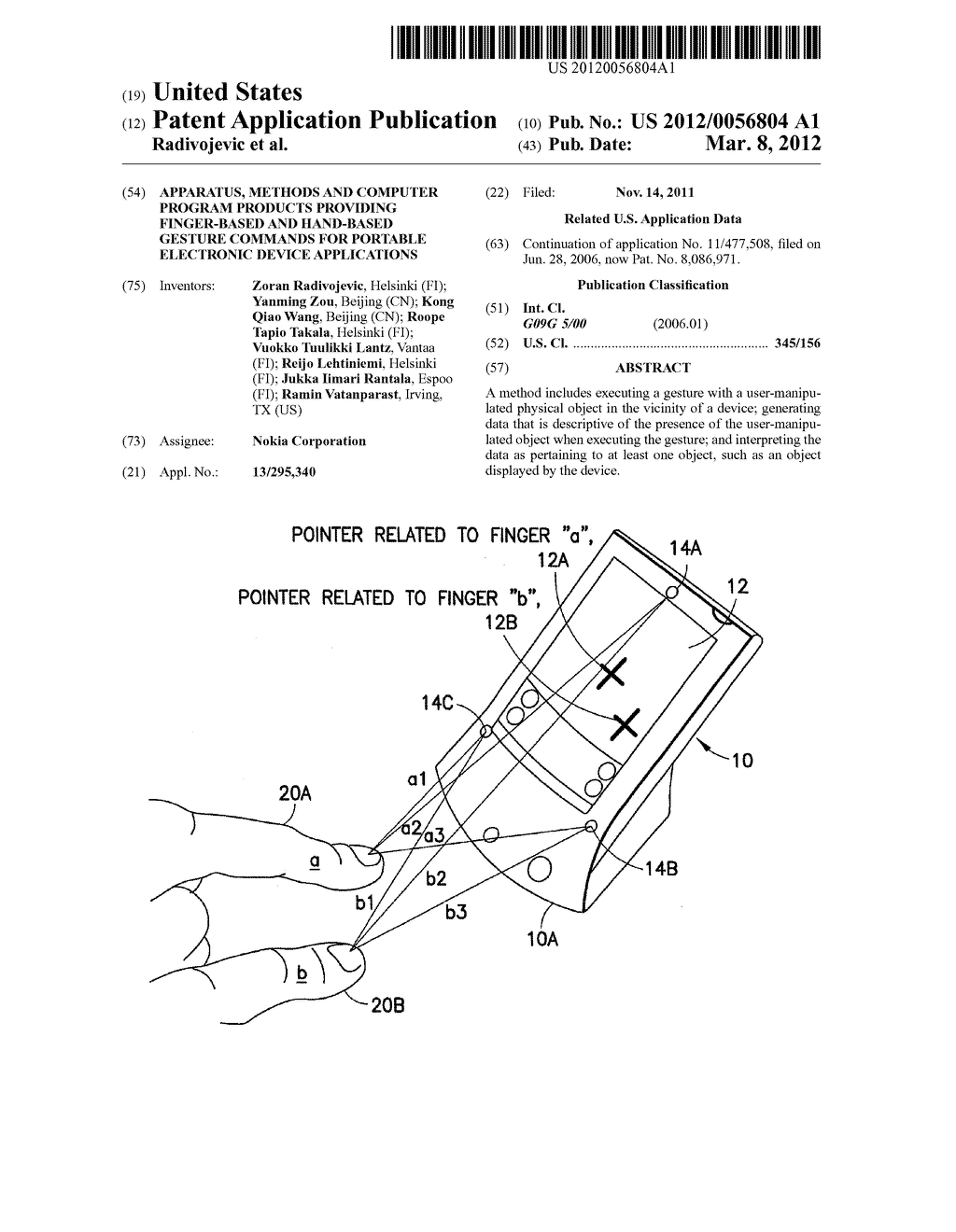 Apparatus, Methods And Computer Program Products Providing Finger-Based     And Hand-Based Gesture Commands For Portable Electronic Device     Applications - diagram, schematic, and image 01