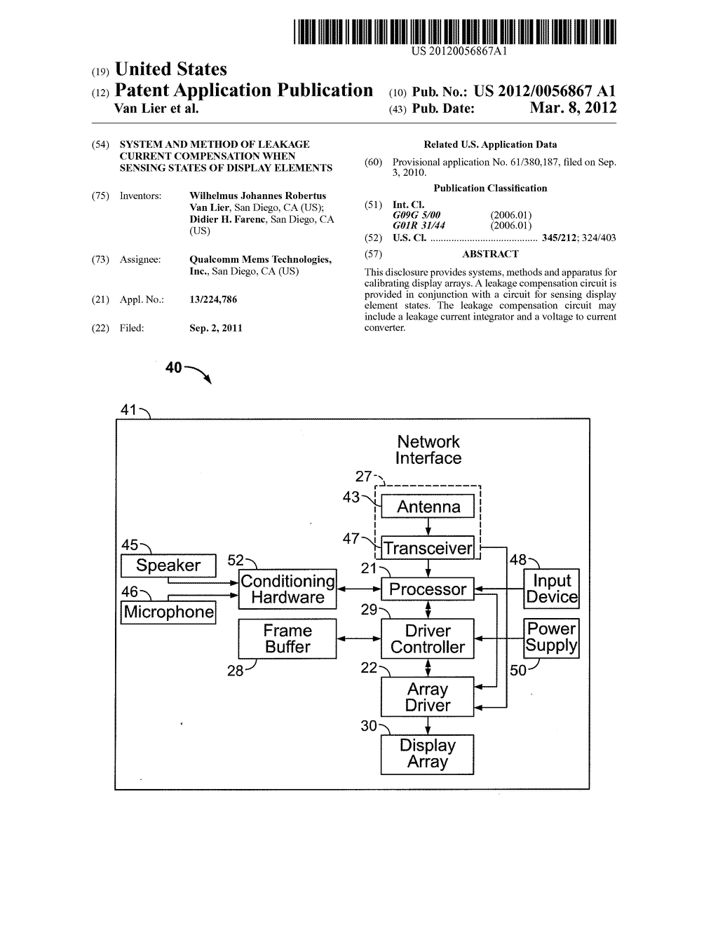 SYSTEM AND METHOD OF LEAKAGE CURRENT COMPENSATION WHEN SENSING STATES OF     DISPLAY ELEMENTS - diagram, schematic, and image 01