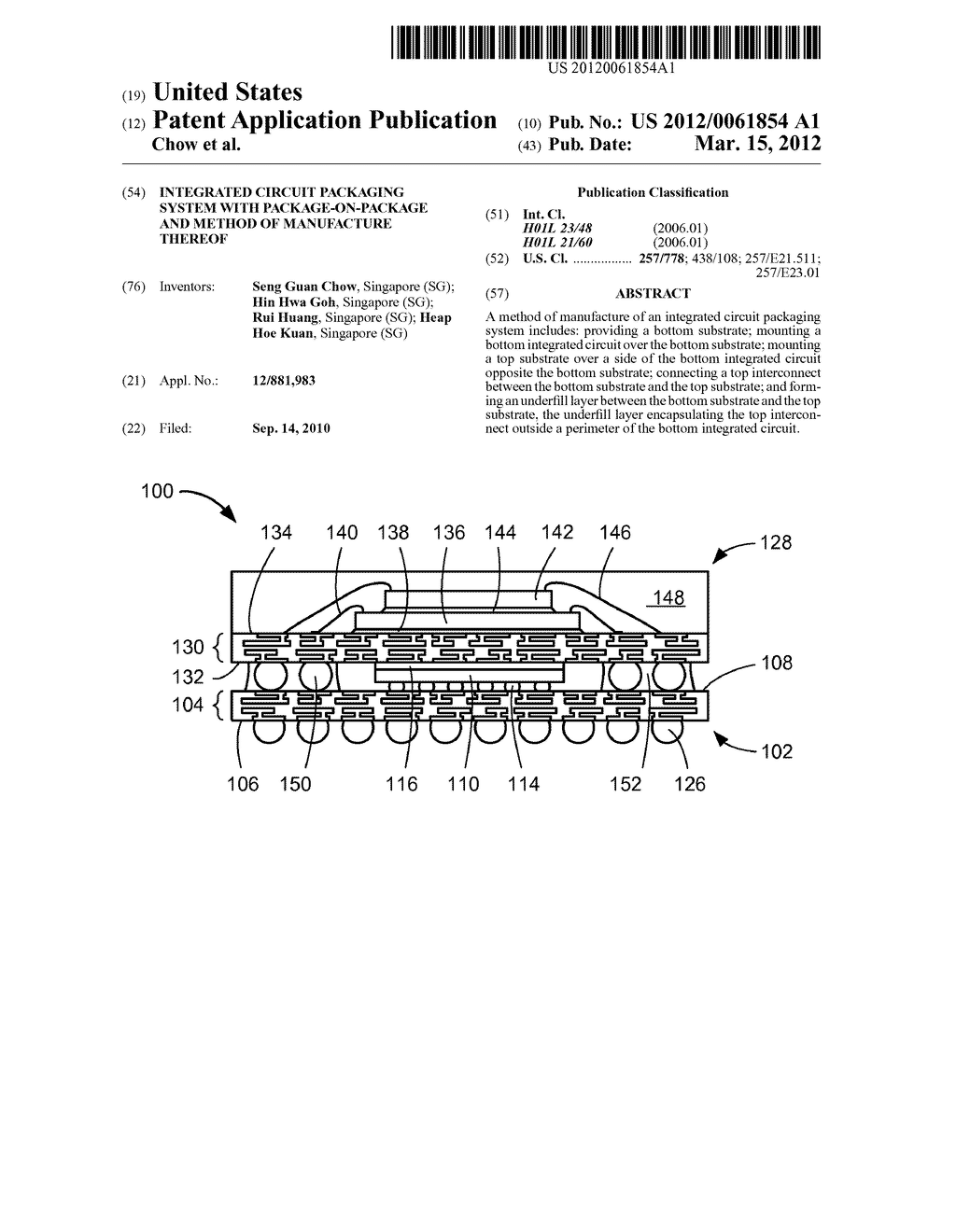 INTEGRATED CIRCUIT PACKAGING SYSTEM WITH PACKAGE-ON-PACKAGE AND METHOD OF     MANUFACTURE THEREOF - diagram, schematic, and image 01