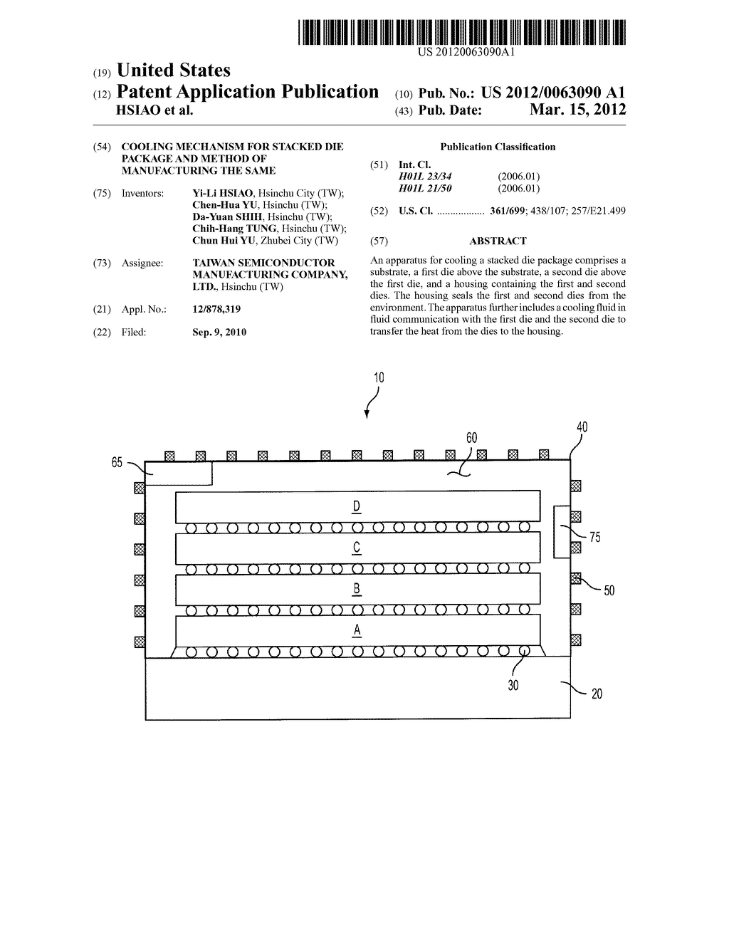 COOLING MECHANISM FOR STACKED DIE PACKAGE AND METHOD OF MANUFACTURING THE     SAME - diagram, schematic, and image 01