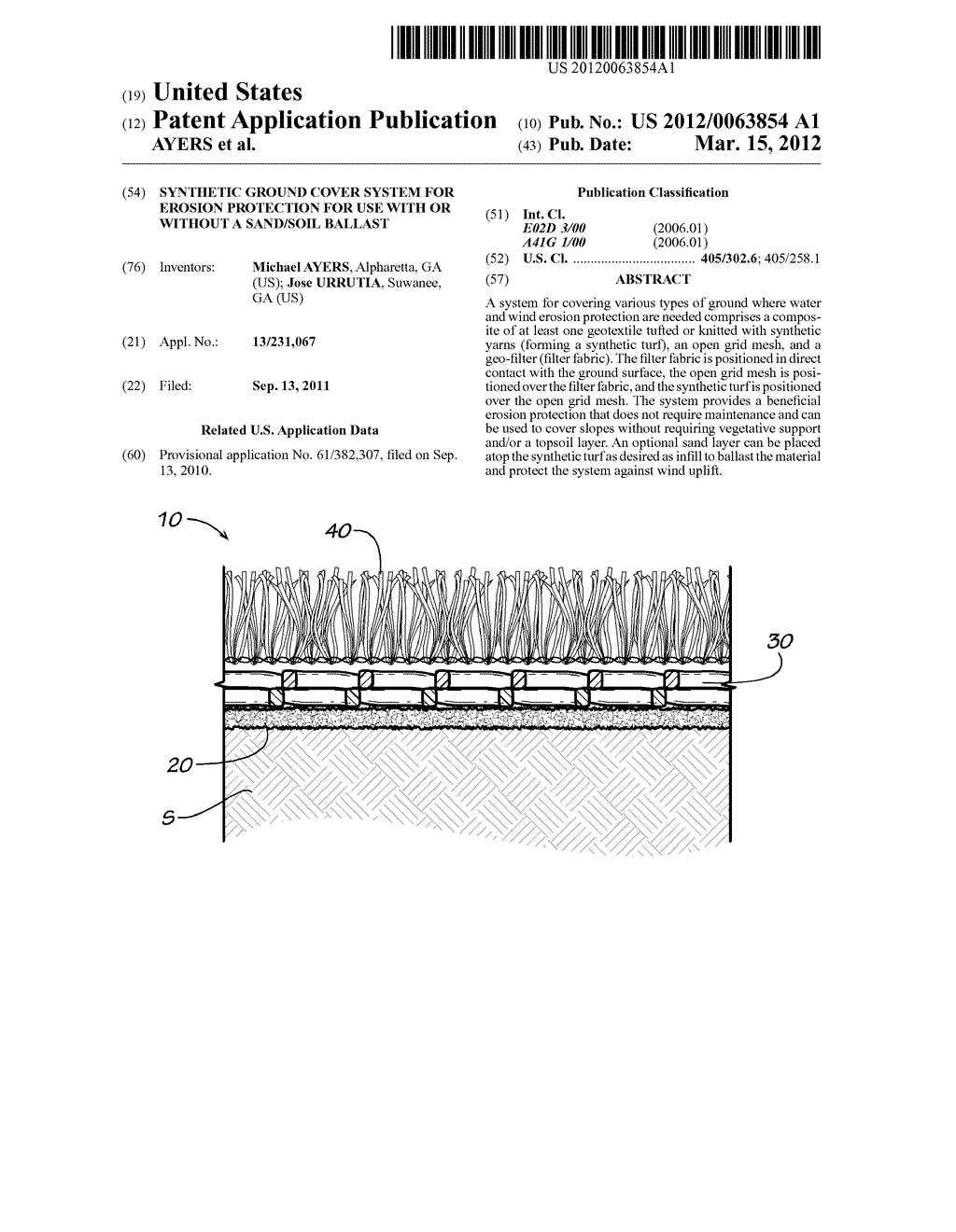 SYNTHETIC GROUND COVER SYSTEM FOR EROSION PROTECTION FOR USE WITH OR     WITHOUT A SAND/SOIL BALLAST - diagram, schematic, and image 01