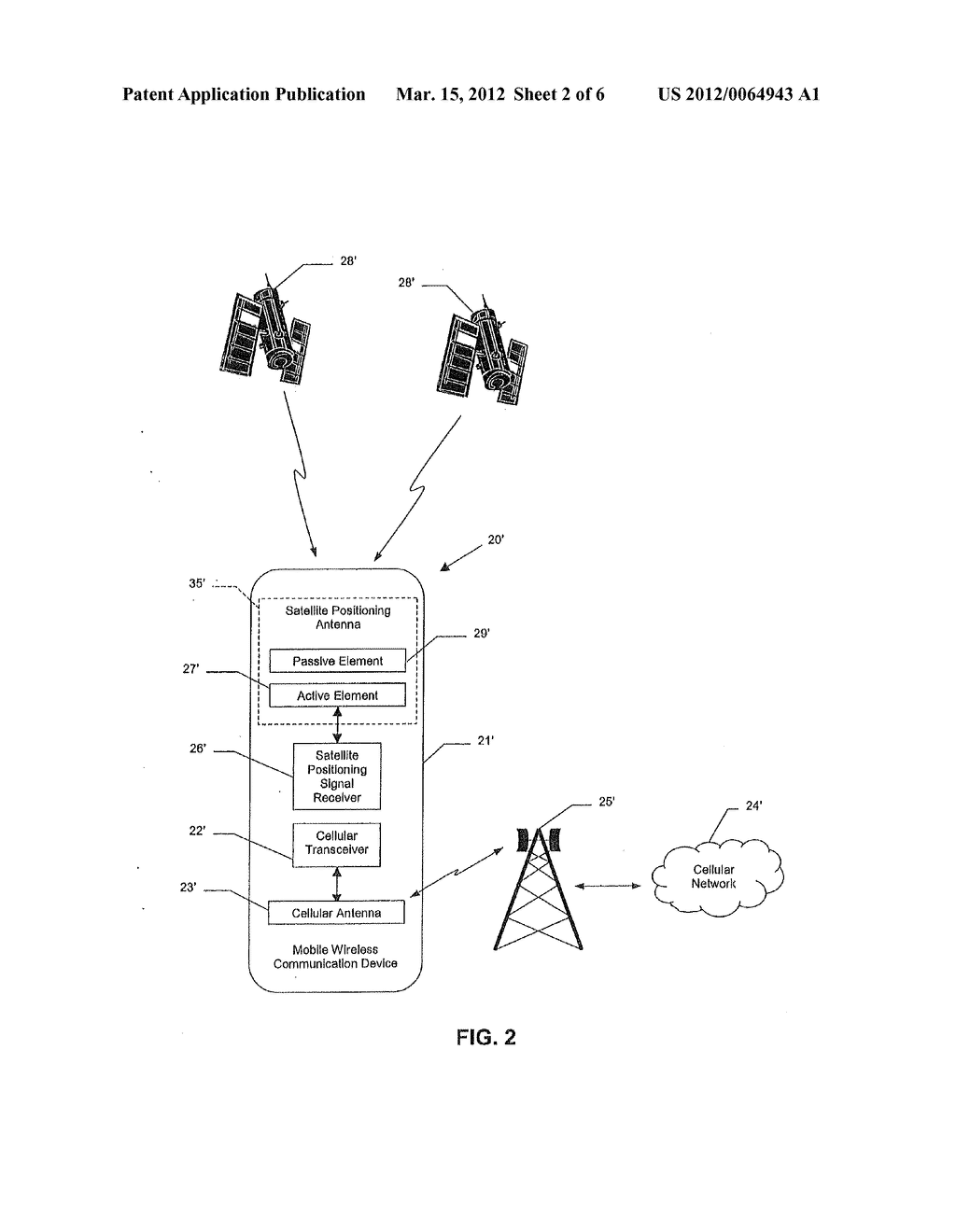MOBILE WIRELESS COMMUNICATIONS DEVICE COMPRISING A SATELLITE POSITIONING     SYSTEM ANTENNA WITH ACTIVE AND PASSIVE ELEMENTS AND RELATED METHODS - diagram, schematic, and image 03