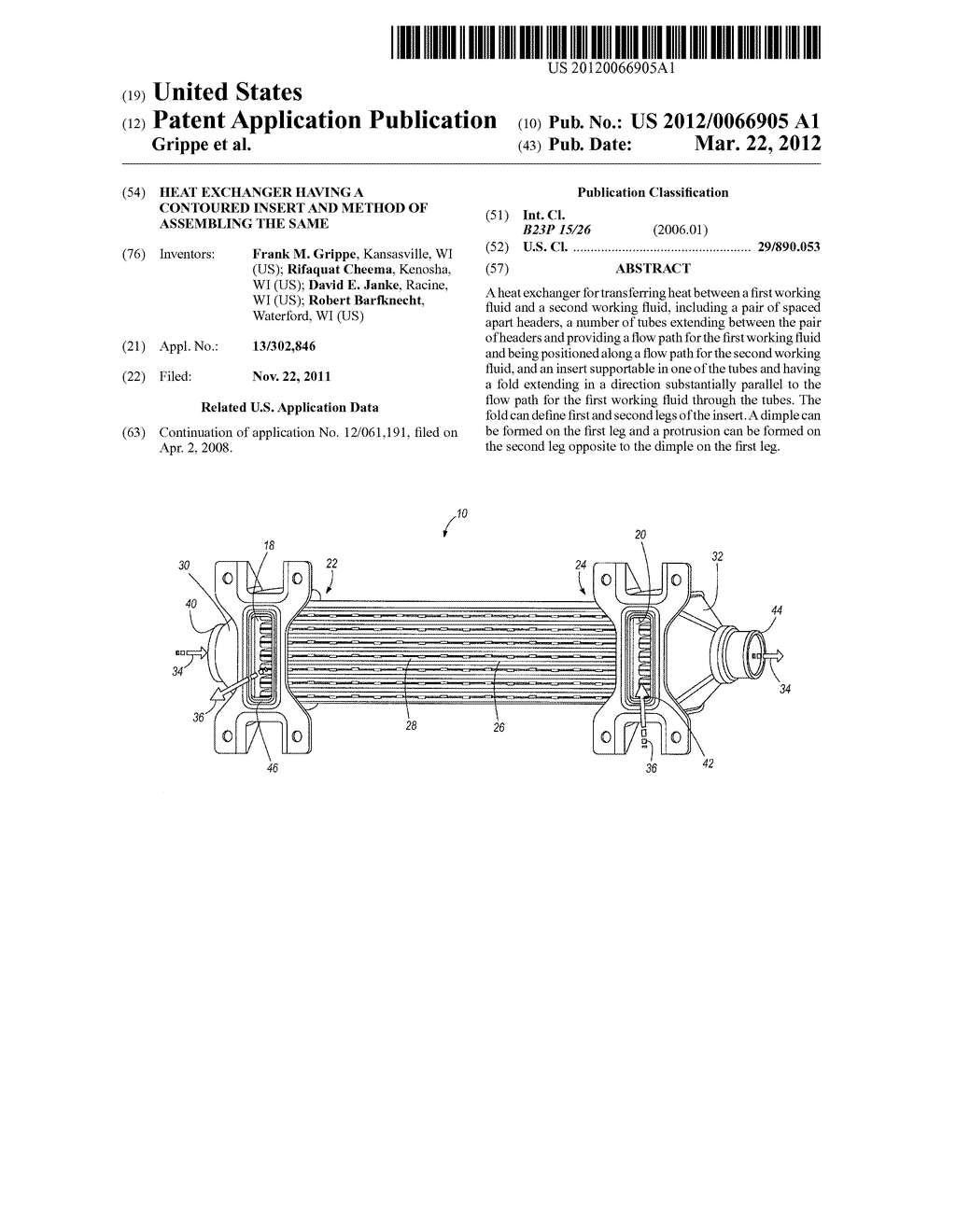 HEAT EXCHANGER HAVING A CONTOURED  INSERT AND METHOD OF ASSEMBLING THE     SAME - diagram, schematic, and image 01