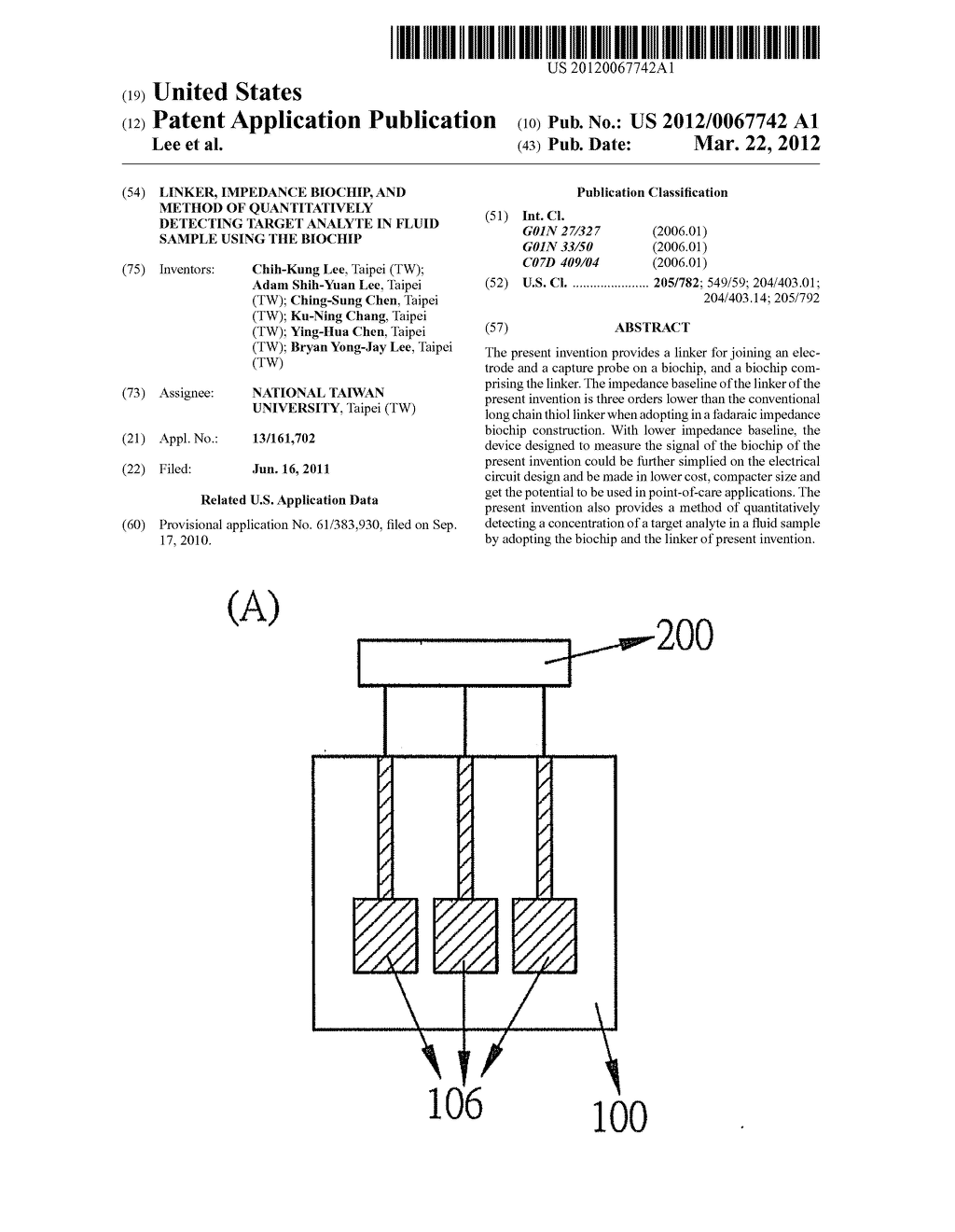 LINKER, IMPEDANCE BIOCHIP, AND METHOD OF QUANTITATIVELY DETECTING TARGET     ANALYTE IN FLUID SAMPLE USING THE BIOCHIP - diagram, schematic, and image 01