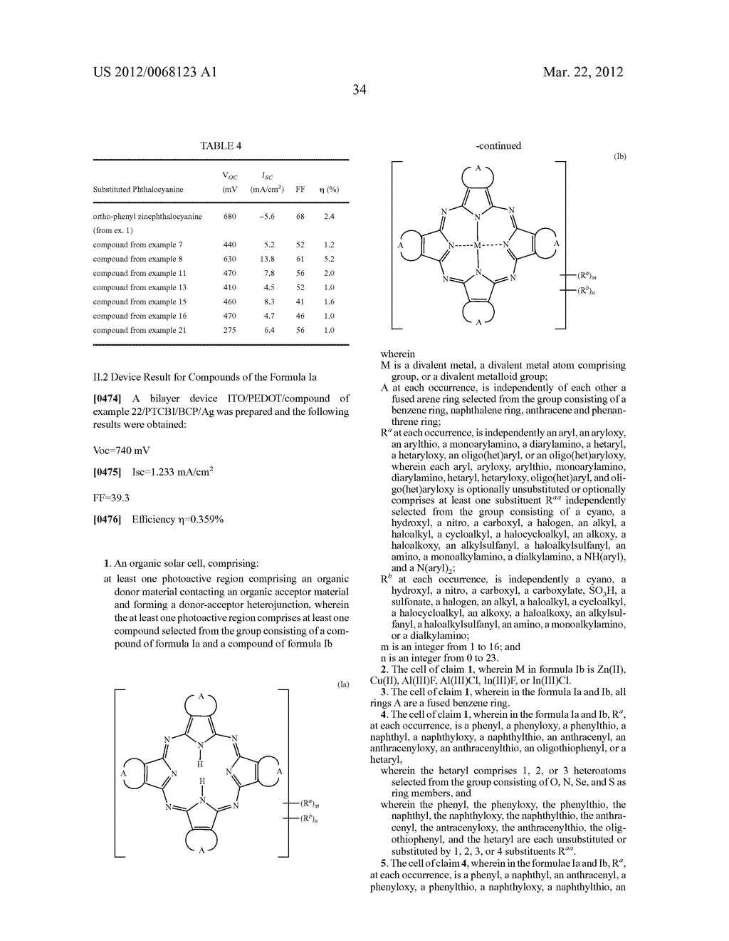 USE OF PHTHALOCYANINE COMPOUNDS WITH ARYL OR HETARYL SUBSTITUENTS IN     ORGANIC SOLAR CELLS - diagram, schematic, and image 38