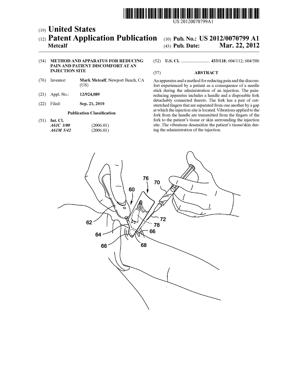 Method and apparatus for reducing pain and patient discomfort at an     injection site - diagram, schematic, and image 01