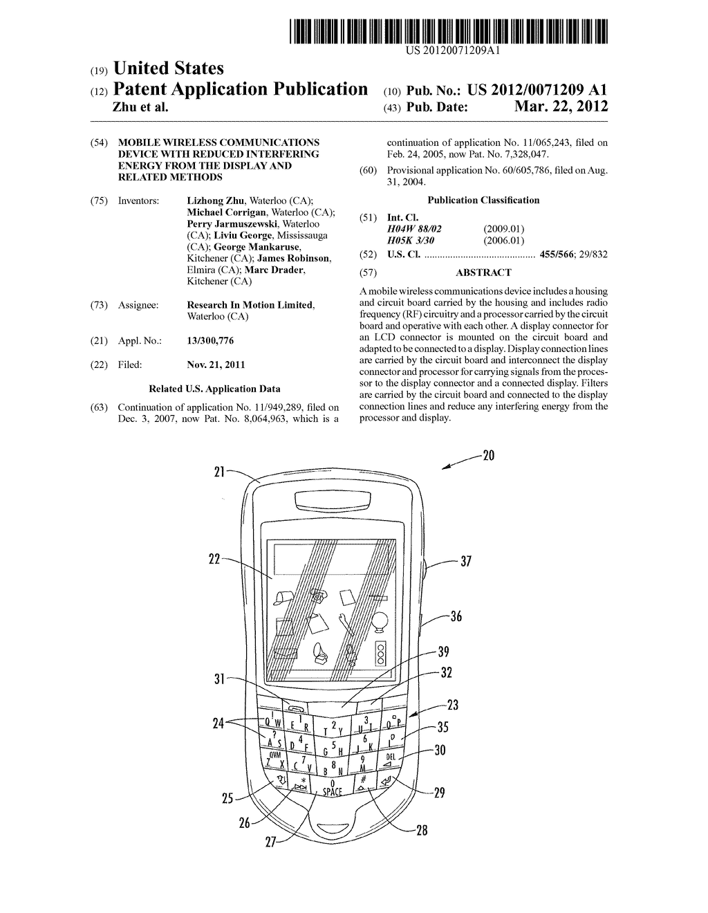 MOBILE WIRELESS COMMUNICATIONS DEVICE WITH REDUCED INTERFERING ENERGY FROM     THE DISPLAY AND RELATED METHODS - diagram, schematic, and image 01