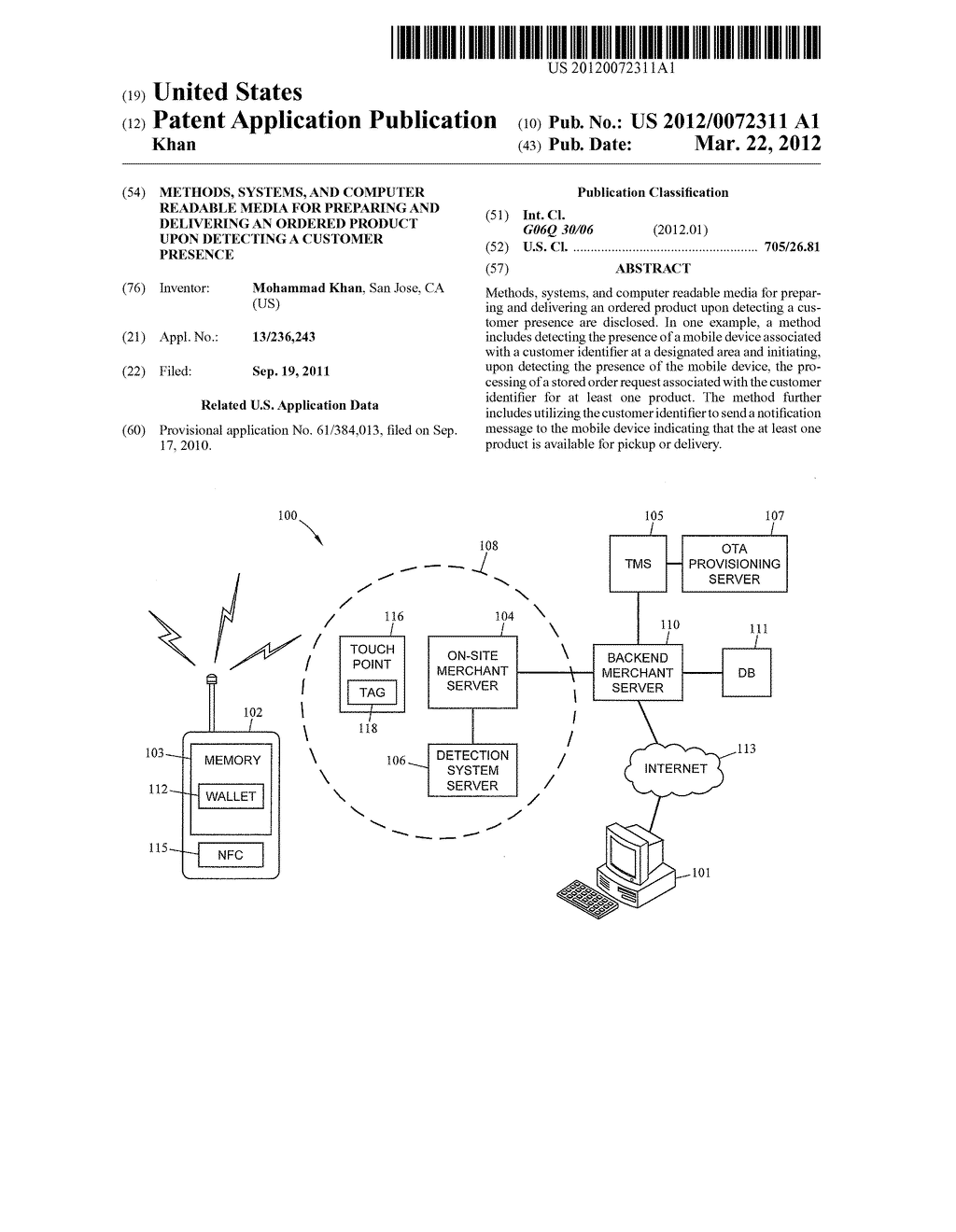 METHODS, SYSTEMS, AND COMPUTER READABLE MEDIA FOR PREPARING AND DELIVERING     AN ORDERED PRODUCT UPON DETECTING A CUSTOMER PRESENCE - diagram, schematic, and image 01