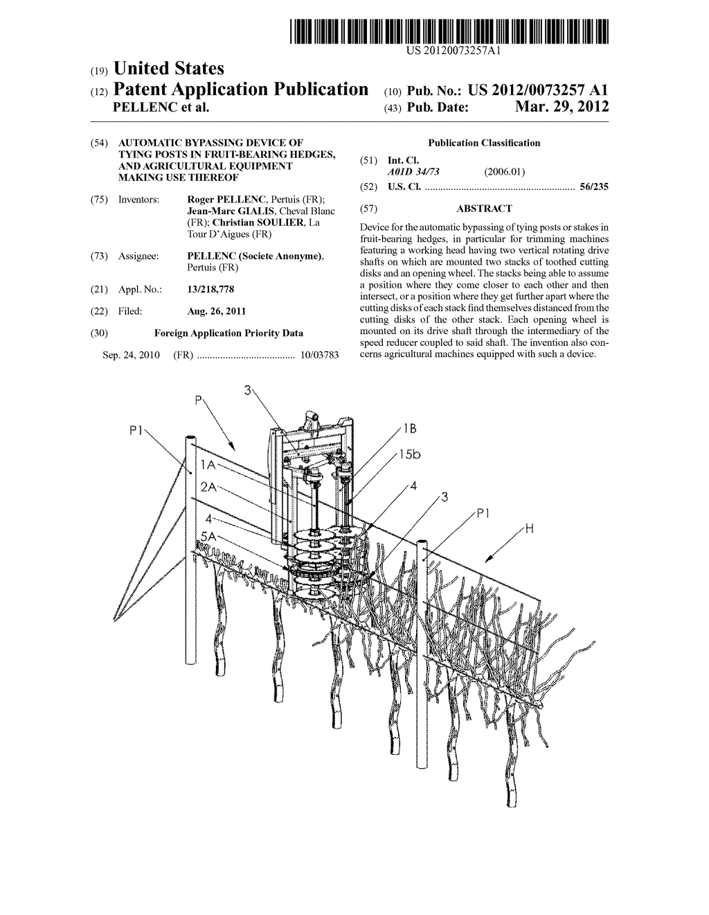 AUTOMATIC BYPASSING DEVICE OF TYING POSTS IN FRUIT-BEARING HEDGES, AND     AGRICULTURAL EQUIPMENT MAKING USE THEREOF - diagram, schematic, and image 01