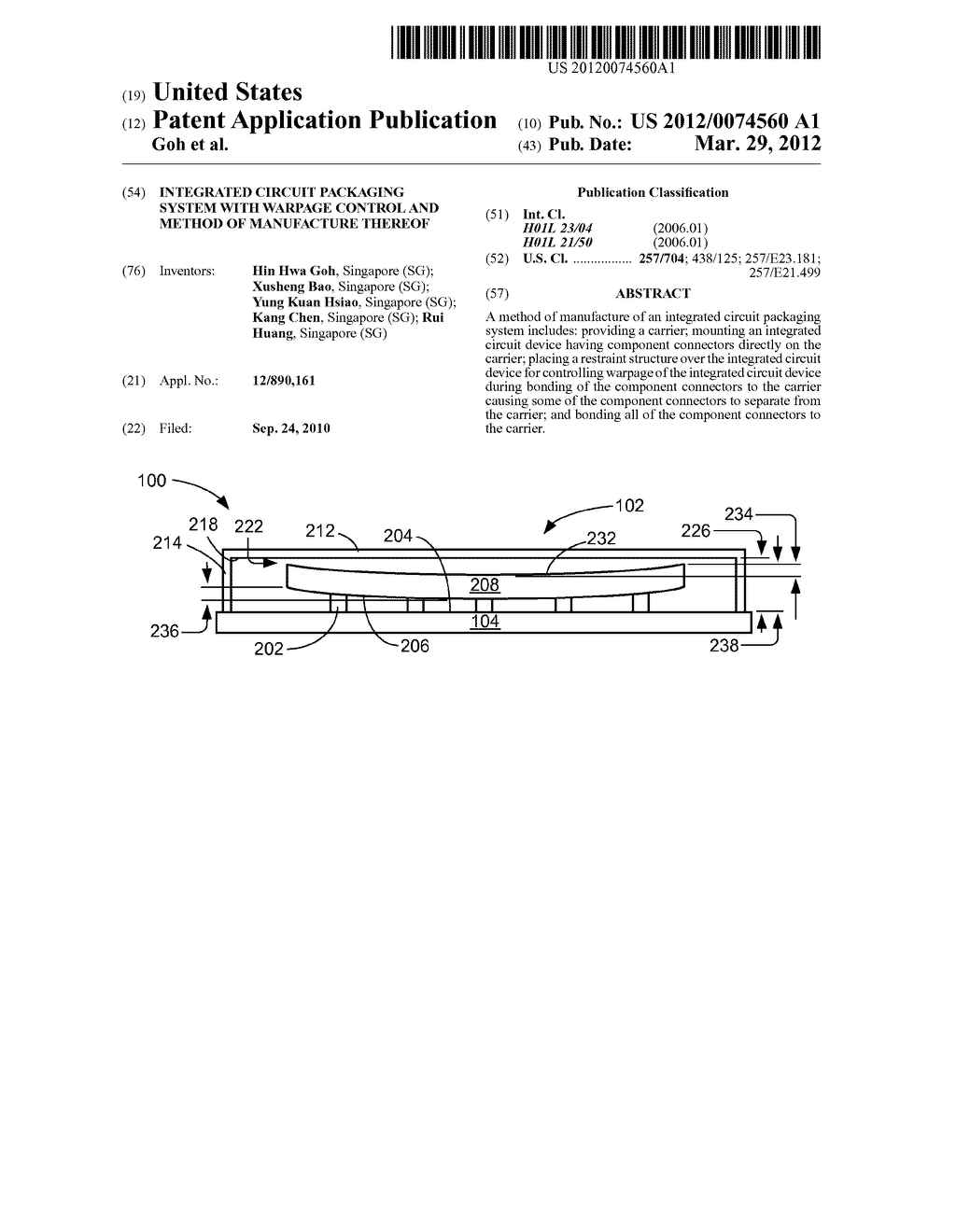 INTEGRATED CIRCUIT PACKAGING SYSTEM WITH WARPAGE CONTROL AND METHOD OF     MANUFACTURE THEREOF - diagram, schematic, and image 01