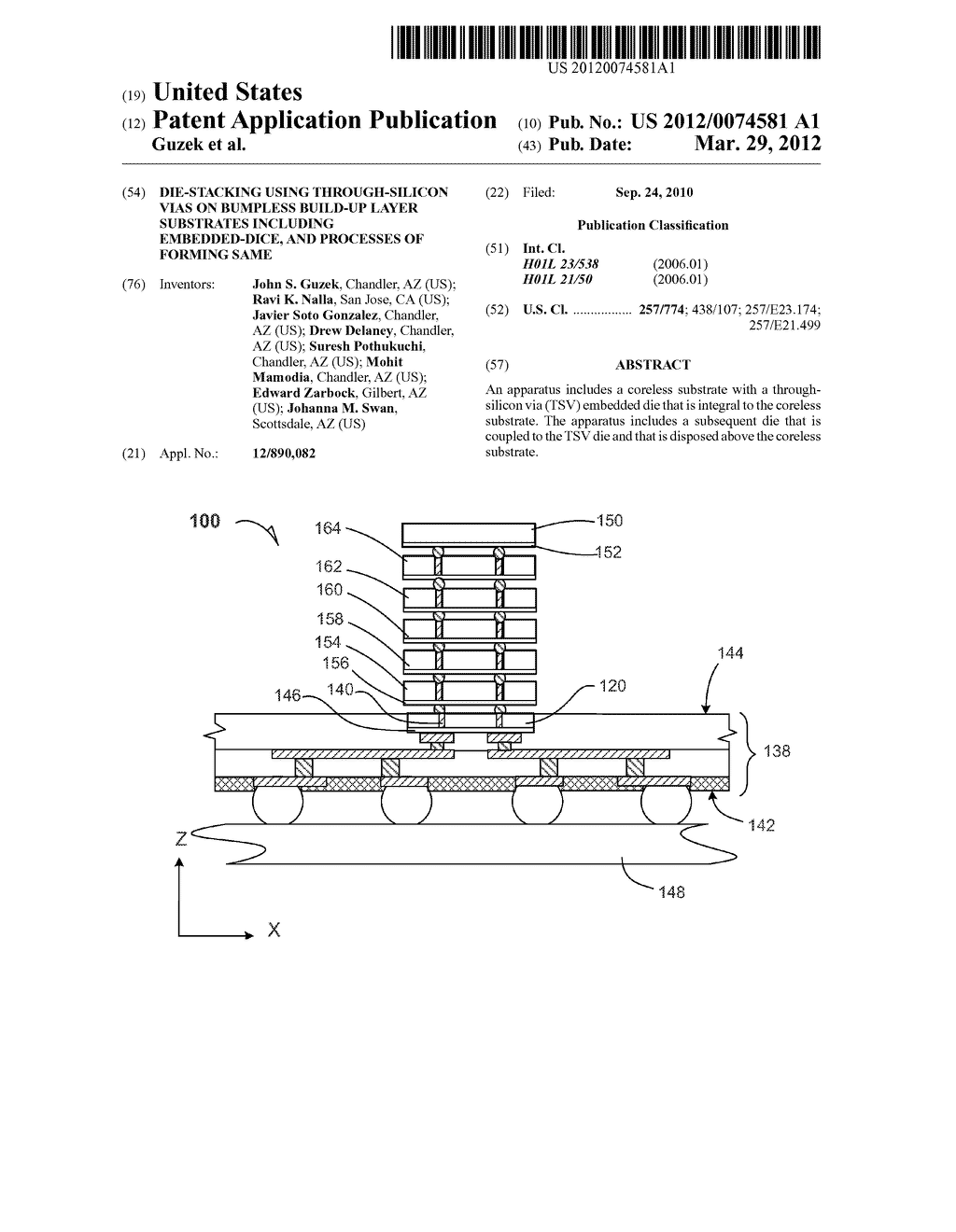 DIE-STACKING USING THROUGH-SILICON VIAS ON BUMPLESS BUILD-UP LAYER     SUBSTRATES INCLUDING EMBEDDED-DICE, AND PROCESSES OF FORMING SAME - diagram, schematic, and image 01