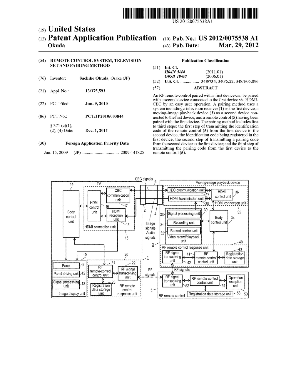 REMOTE CONTROL SYSTEM, TELEVISION SET AND PAIRING METHOD - diagram, schematic, and image 01