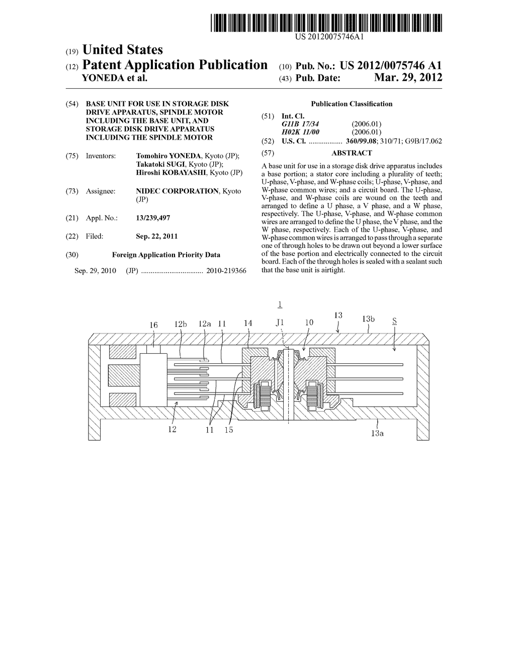 BASE UNIT FOR USE IN STORAGE DISK DRIVE APPARATUS, SPINDLE MOTOR INCLUDING     THE BASE UNIT, AND STORAGE DISK DRIVE APPARATUS INCLUDING THE SPINDLE     MOTOR - diagram, schematic, and image 01