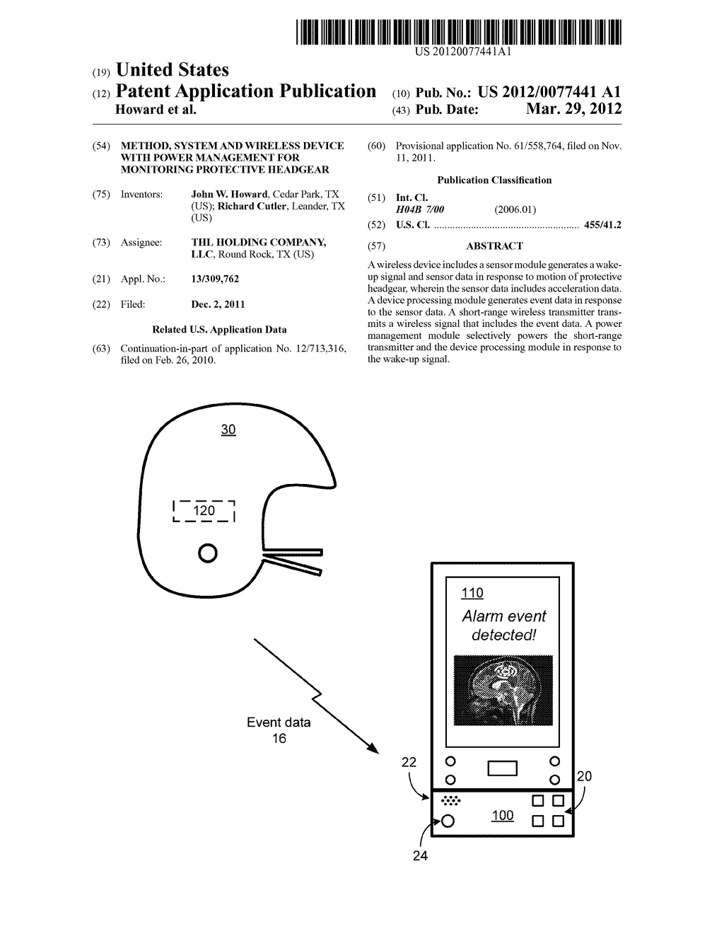 METHOD, SYSTEM AND WIRELESS DEVICE WITH POWER MANAGEMENT FOR MONITORING     PROTECTIVE HEADGEAR - diagram, schematic, and image 01