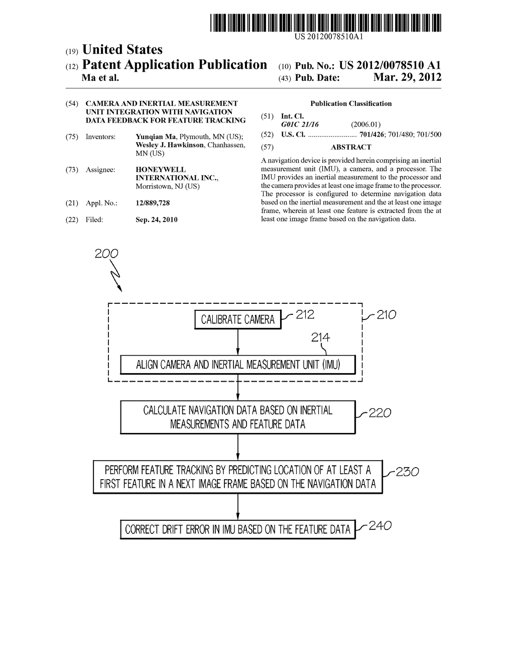 CAMERA AND INERTIAL MEASUREMENT UNIT INTEGRATION WITH NAVIGATION DATA     FEEDBACK FOR FEATURE TRACKING - diagram, schematic, and image 01