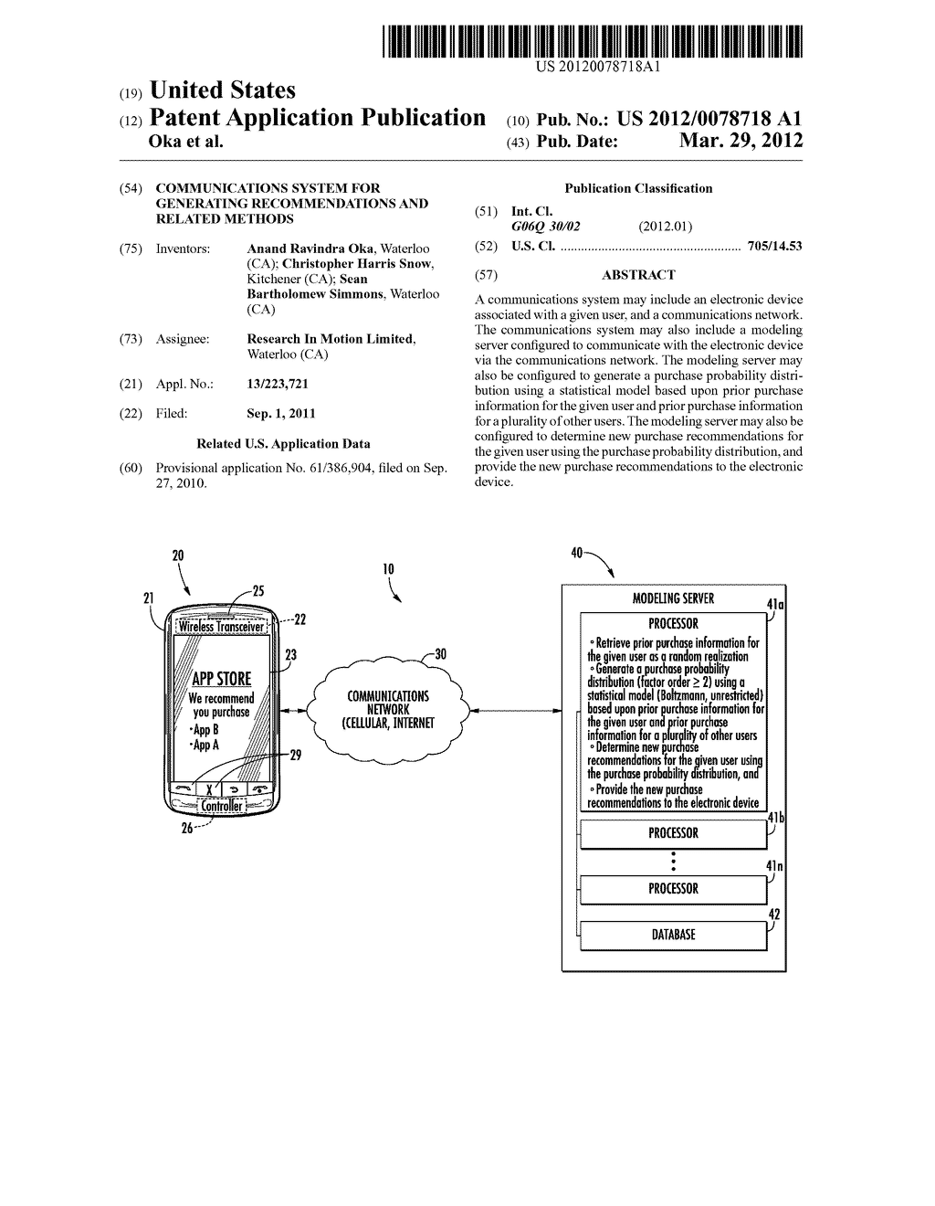 COMMUNICATIONS SYSTEM FOR GENERATING RECOMMENDATIONS AND RELATED METHODS - diagram, schematic, and image 01