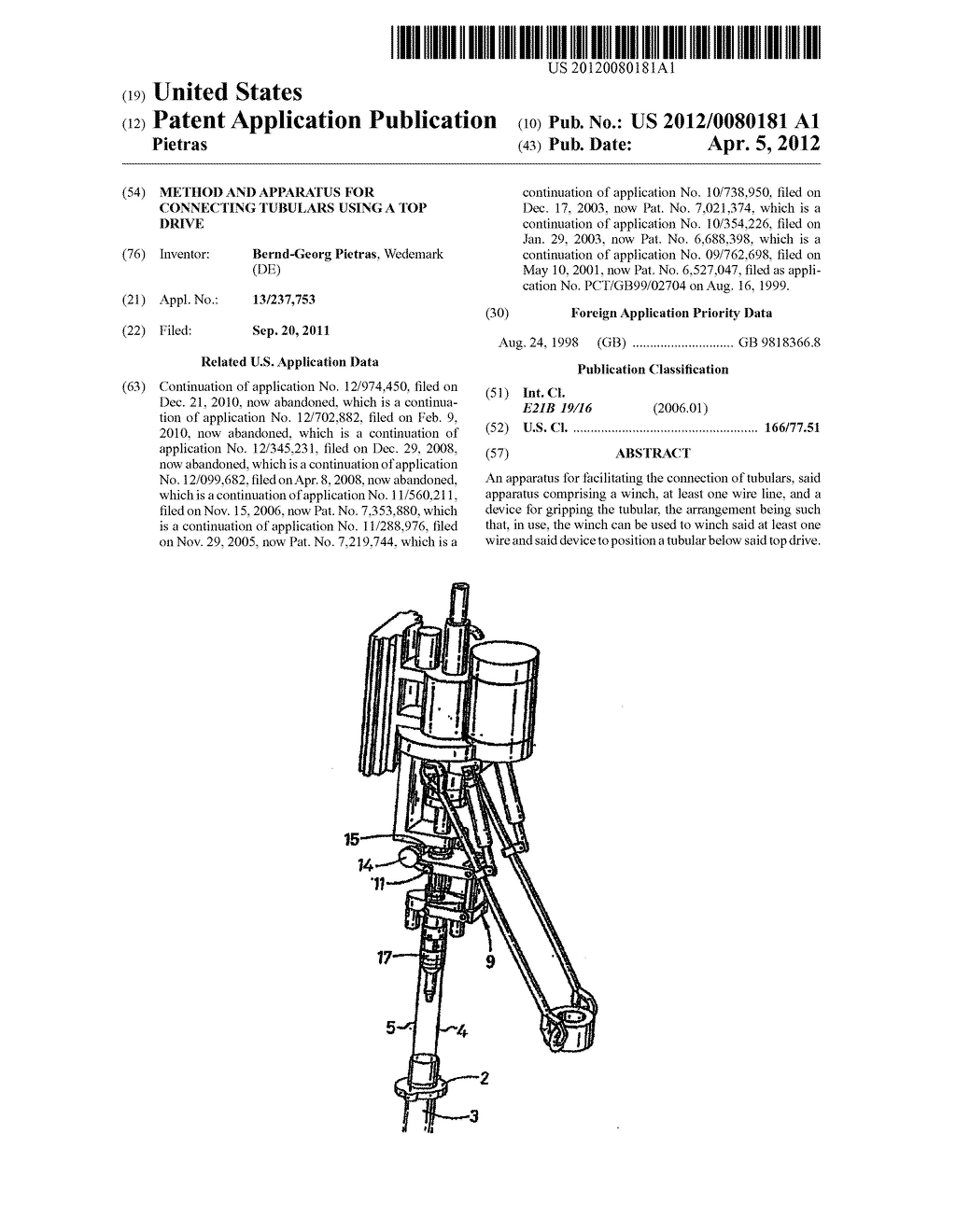 METHOD AND APPARATUS FOR CONNECTING TUBULARS USING A TOP DRIVE - diagram, schematic, and image 01