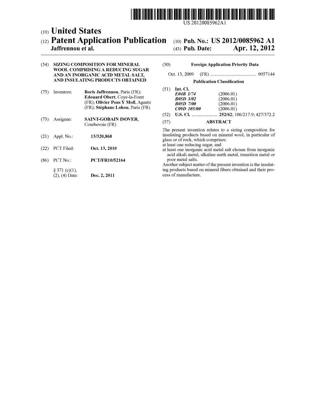 SIZING COMPOSITION FOR MINERAL WOOL COMPRISING A REDUCING SUGAR AND AN     INORGANIC ACID METAL SALT, AND INSULATING PRODUCTS OBTAINED - diagram, schematic, and image 01