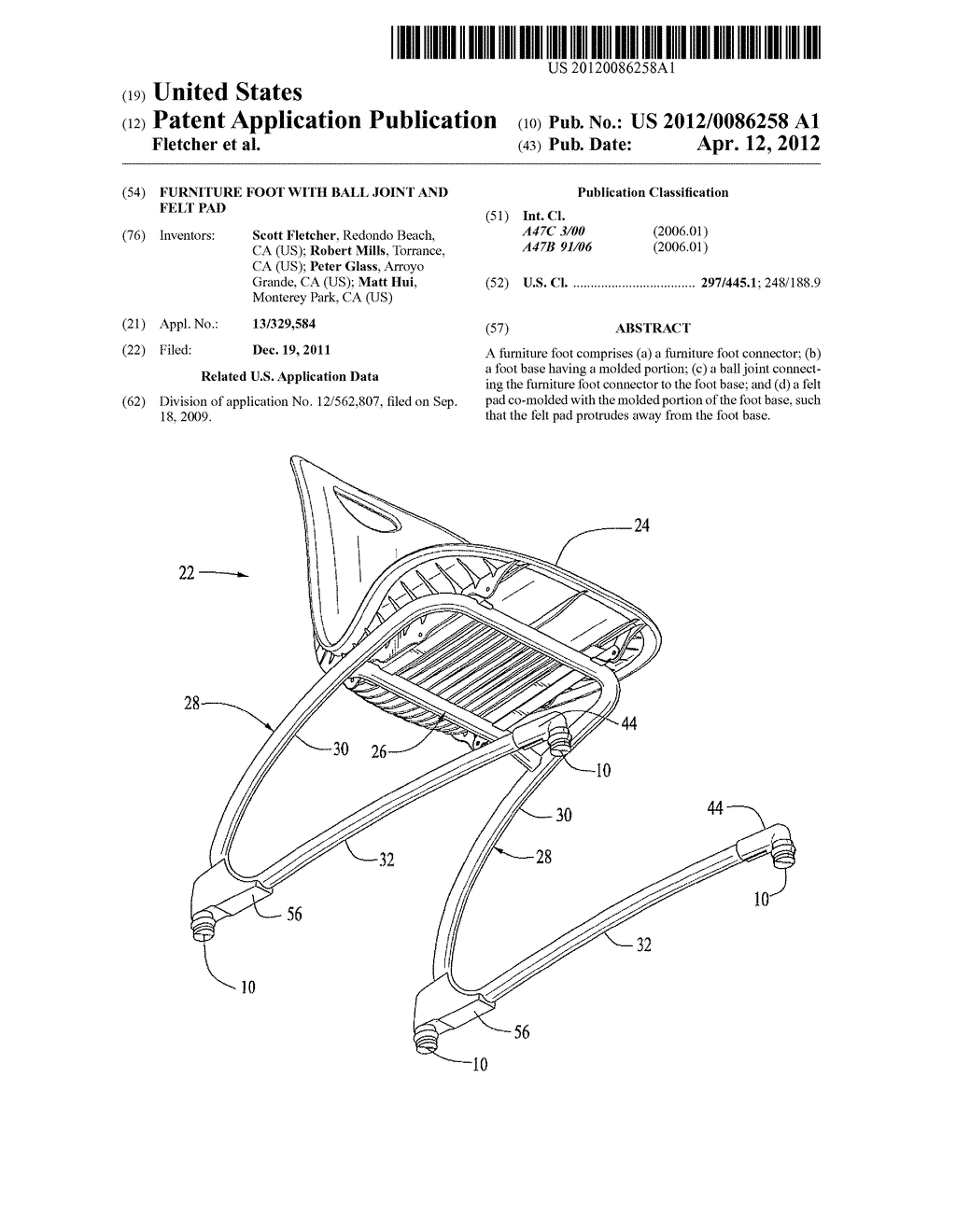 FURNITURE FOOT WITH BALL JOINT AND FELT PAD - diagram, schematic, and image 01