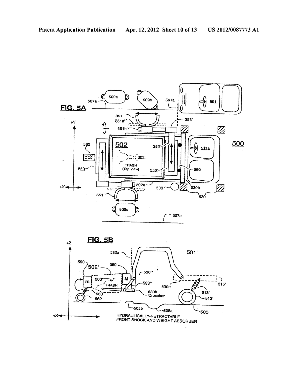 FRONT-LOADABLE REFUSE CONTAINER HAVING SIDE-LOADING ROBOTIC ARM WITH     MOTORS AND OTHER MASS MOUNTED AT REAR OF CONTAINER AND USE OF SAME WITH     FRONT-LOADING WASTE-HAULING VEHICLE HAVING HYDRAULIC FRONT FORKS OR OTHER     RETRACTABLY ENGAGEABLE LIFT MEANS - diagram, schematic, and image 11