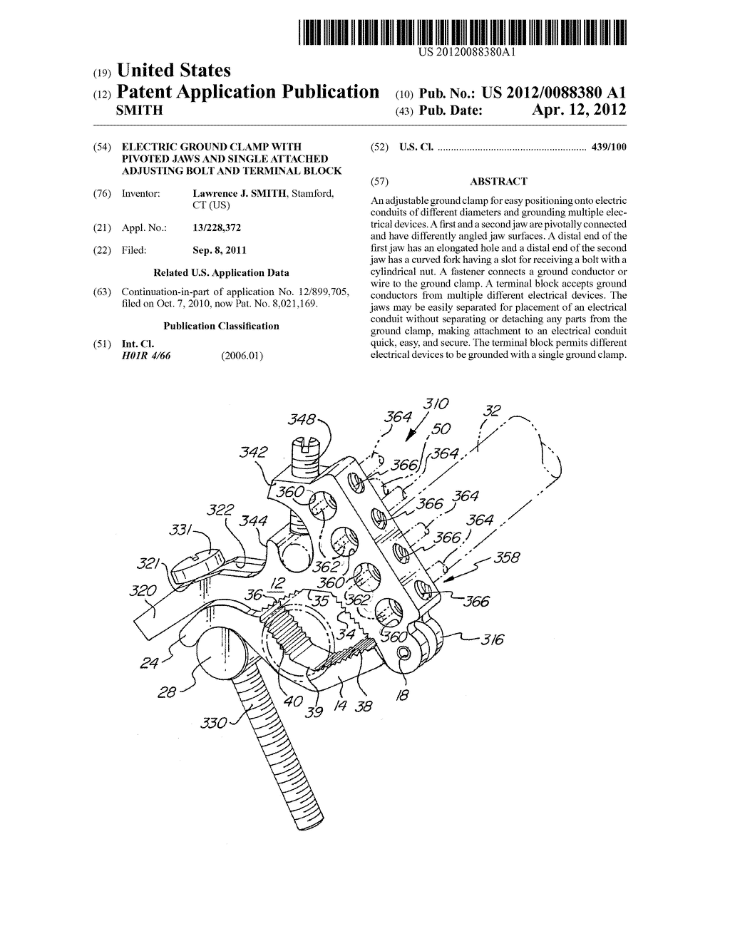 ELECTRIC GROUND CLAMP WITH PIVOTED JAWS AND SINGLE ATTACHED ADJUSTING BOLT     AND TERMINAL BLOCK - diagram, schematic, and image 01