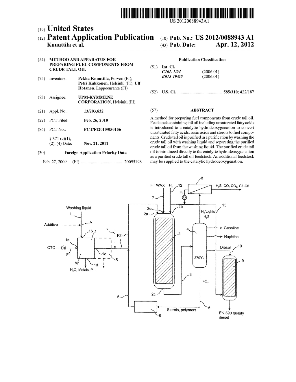 METHOD AND APPARATUS FOR PREPARING FUEL COMPONENTS FROM CRUDE TALL OIL - diagram, schematic, and image 01