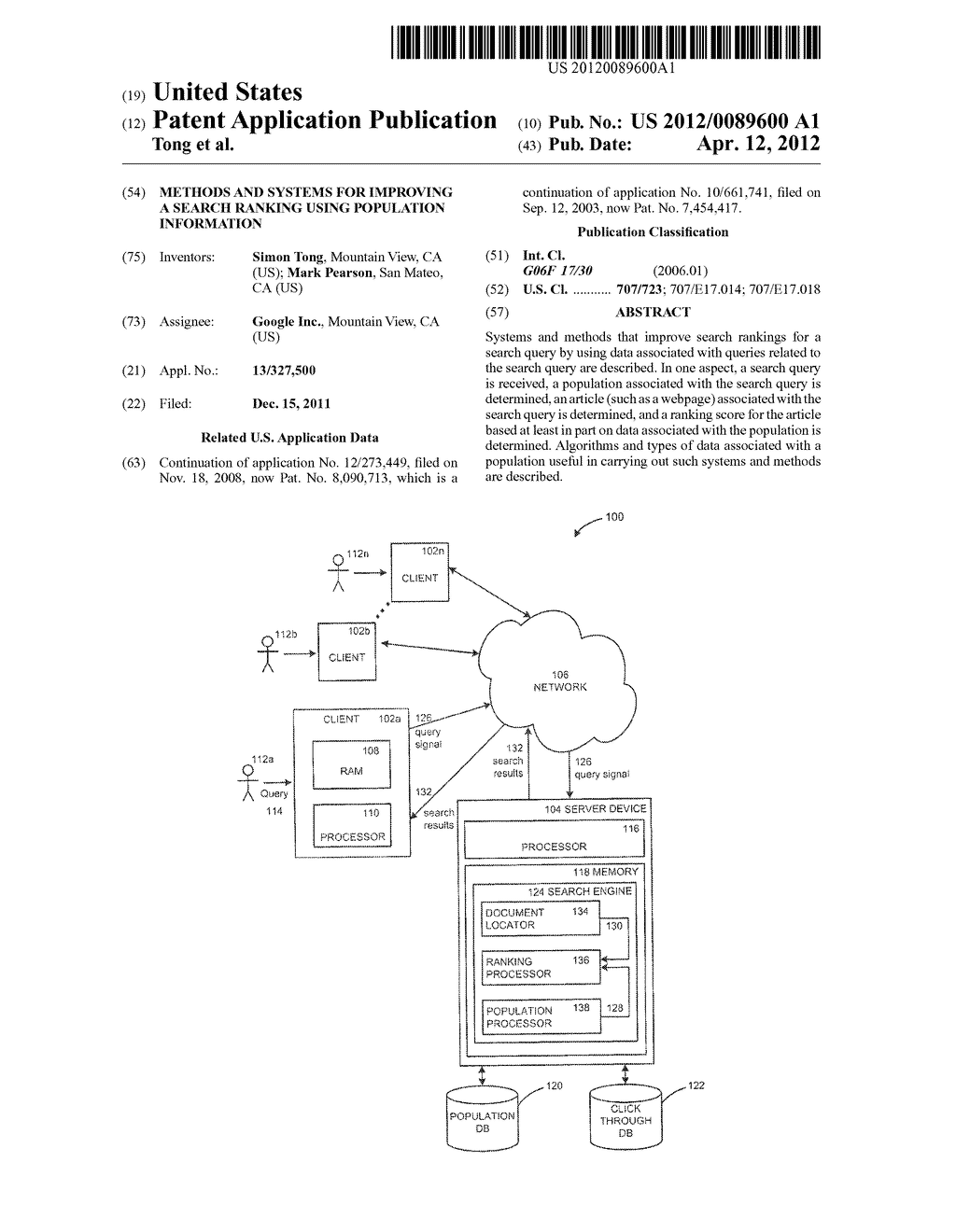 Methods and Systems for Improving a Search Ranking Using Population     Information - diagram, schematic, and image 01