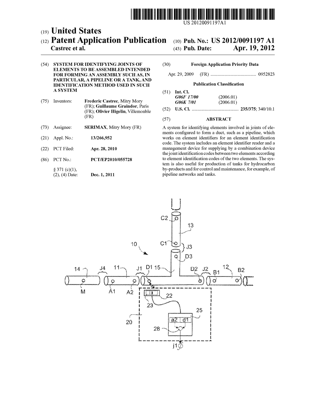 SYSTEM FOR IDENTIFYING JOINTS OF ELEMENTS TO BE ASSEMBLED INTENDED FOR     FORMING AN ASSEMBLY SUCH AS, IN PARTICULAR, A PIPELINE OR A TANK, AND     IDENTIFICATION METHOD USED IN SUCH A SYSTEM - diagram, schematic, and image 01