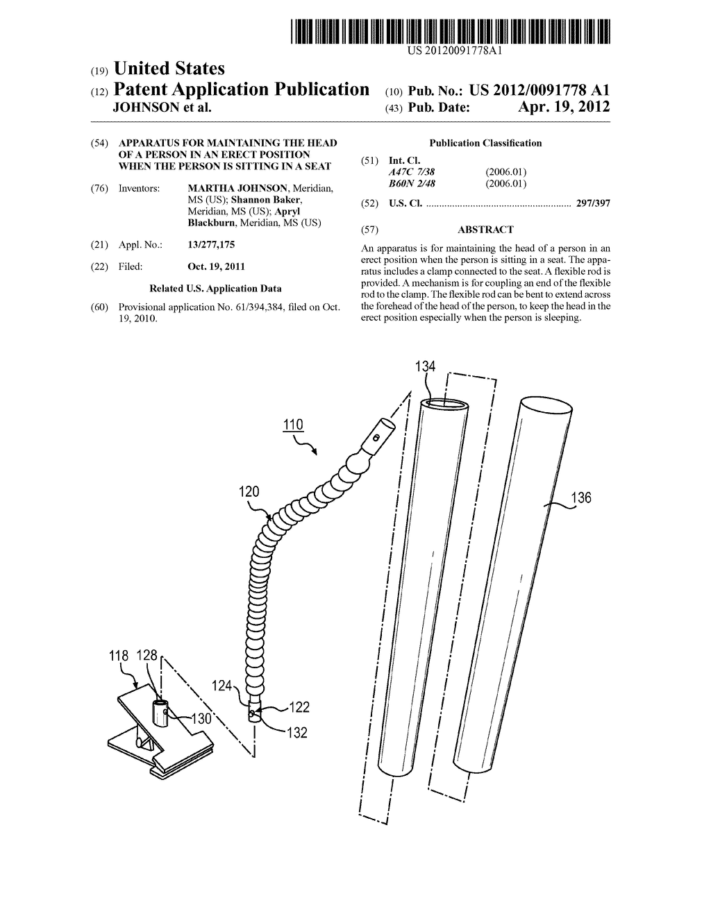 APPARATUS FOR MAINTAINING THE HEAD OF A PERSON IN AN ERECT POSITION WHEN     THE PERSON IS SITTING IN A SEAT - diagram, schematic, and image 01