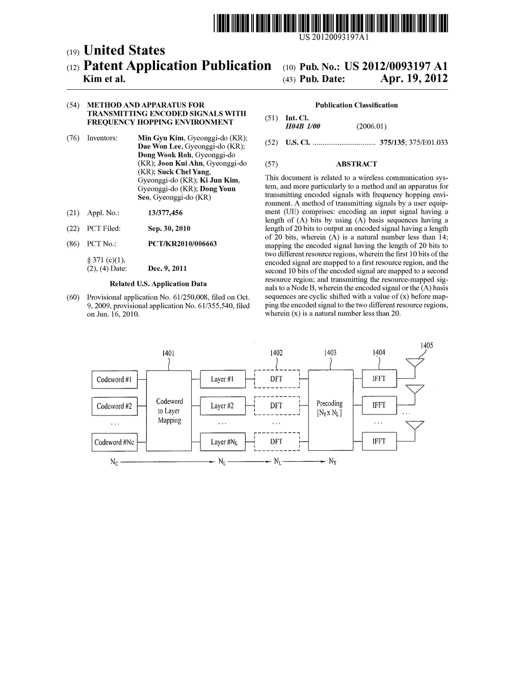 METHOD AND APPARATUS FOR TRANSMITTING ENCODED SIGNALS WITH FREQUENCY     HOPPING ENVIRONMENT - diagram, schematic, and image 01