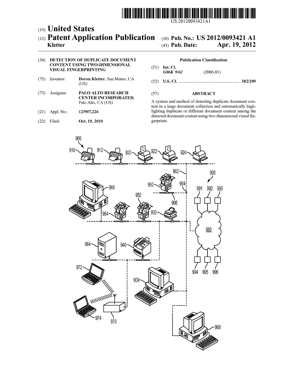 DETECTION OF DUPLICATE DOCUMENT CONTENT USING TWO-DIMENSIONAL VISUAL     FINGERPRINTING - diagram, schematic, and image 01