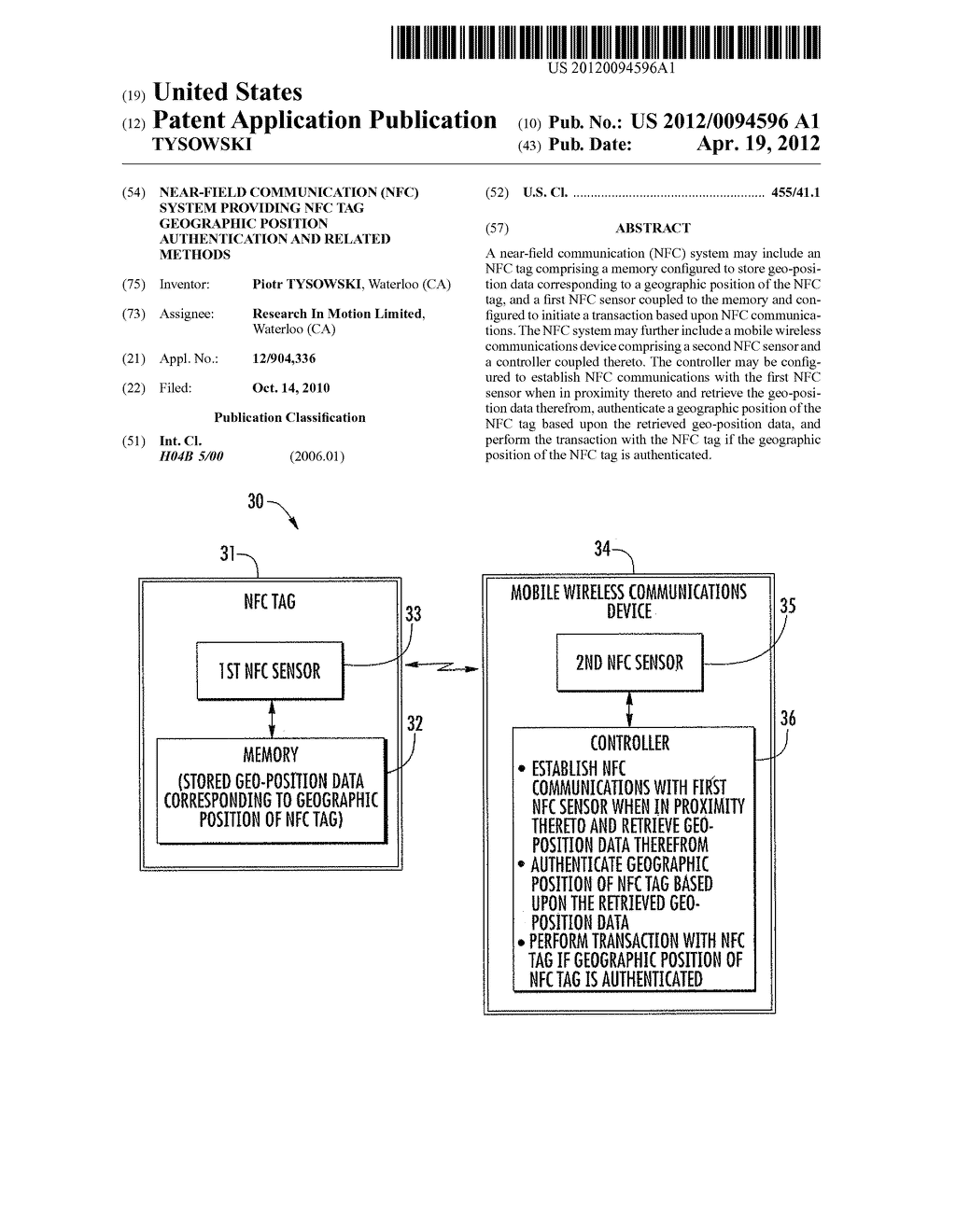 NEAR-FIELD COMMUNICATION (NFC) SYSTEM PROVIDING NFC TAG GEOGRAPHIC     POSITION AUTHENTICATION AND RELATED METHODS - diagram, schematic, and image 01