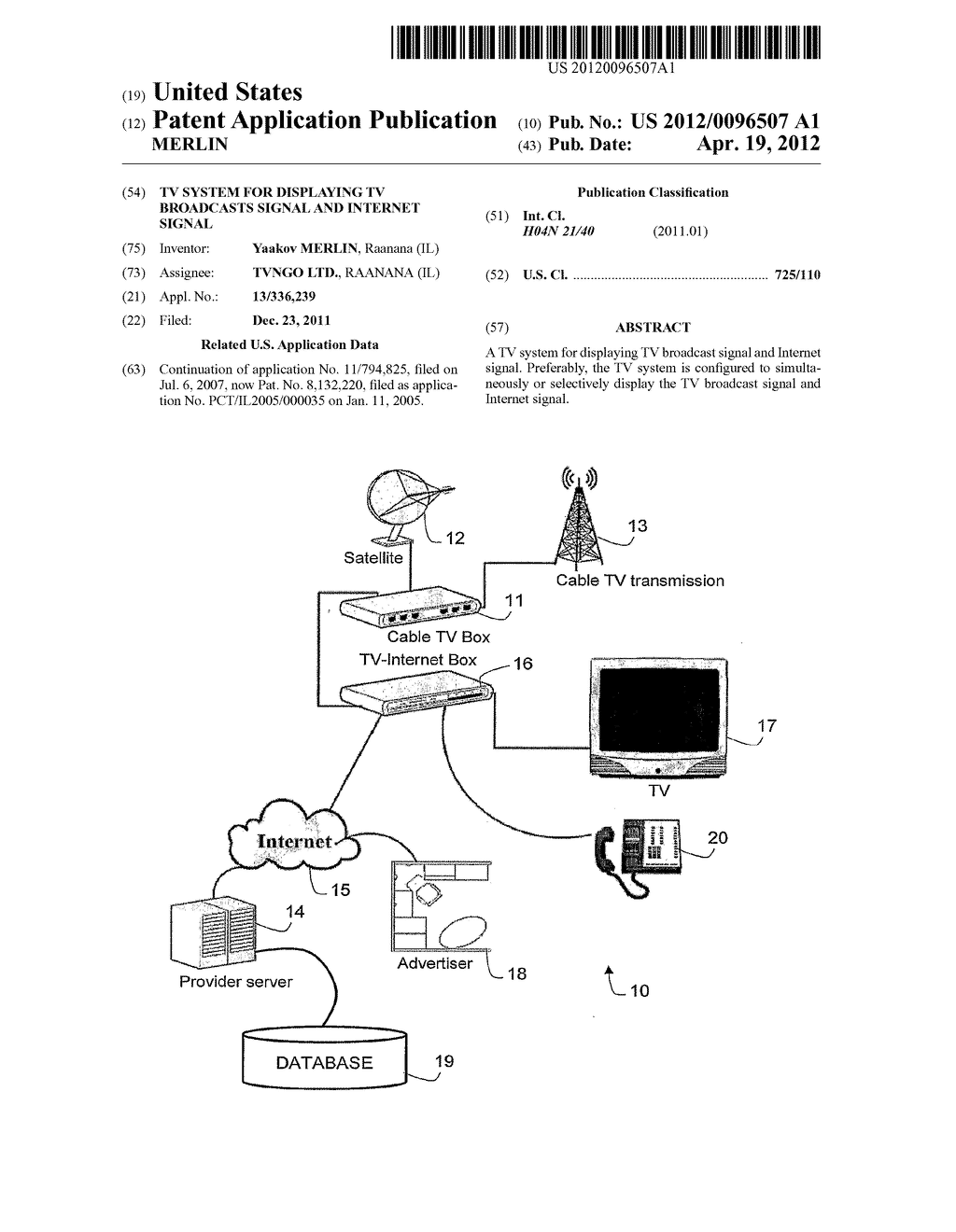 TV SYSTEM FOR DISPLAYING TV BROADCASTS SIGNAL AND INTERNET SIGNAL - diagram, schematic, and image 01