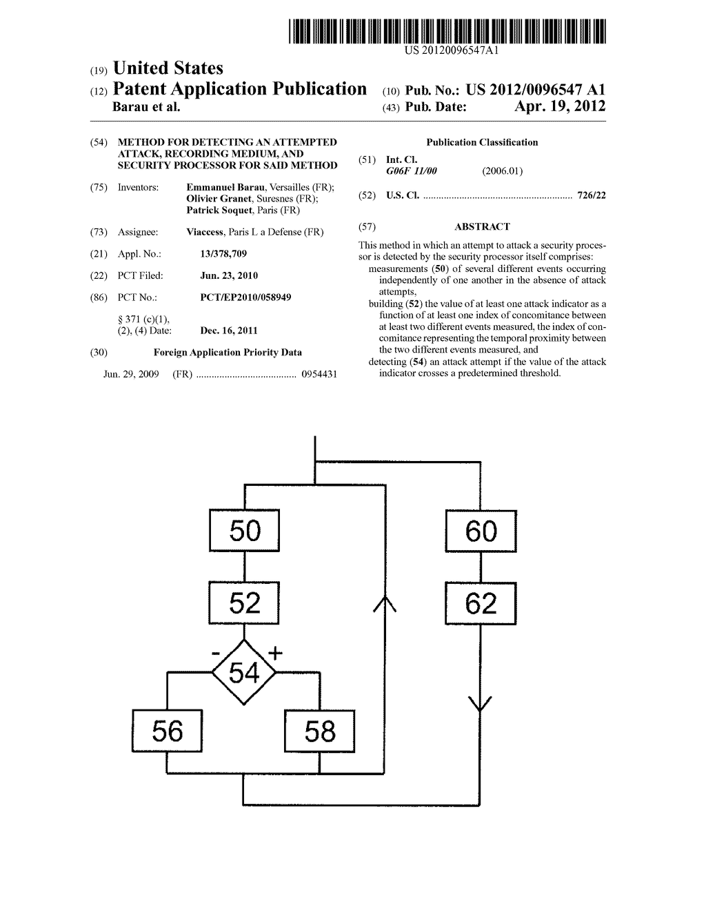 METHOD FOR DETECTING AN ATTEMPTED ATTACK, RECORDING MEDIUM, AND SECURITY     PROCESSOR FOR SAID METHOD - diagram, schematic, and image 01