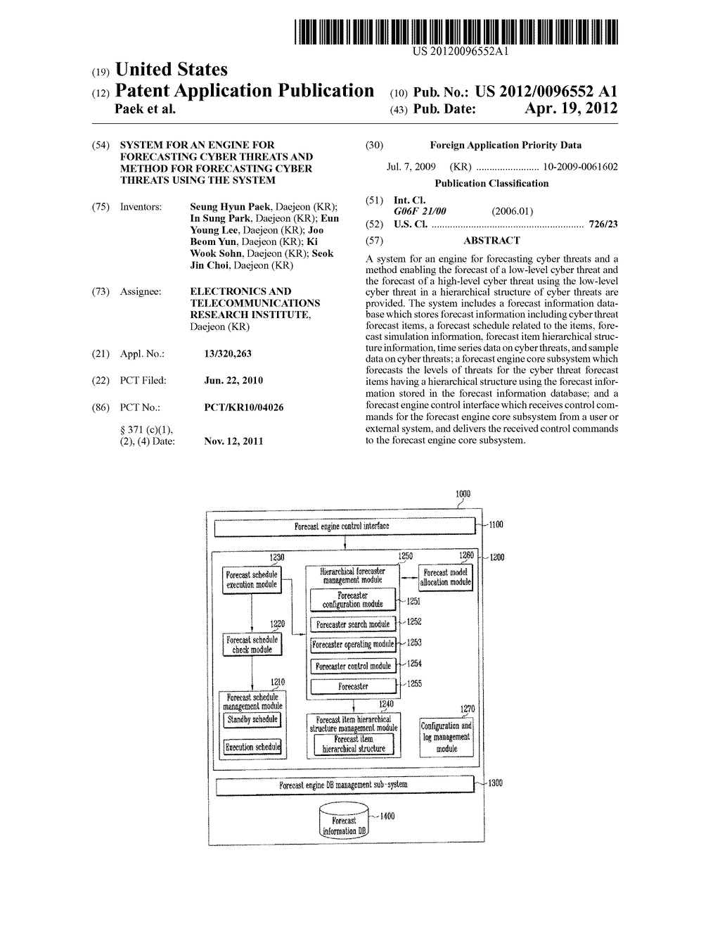 SYSTEM FOR AN ENGINE FOR FORECASTING CYBER THREATS AND METHOD FOR     FORECASTING CYBER THREATS USING THE SYSTEM - diagram, schematic, and image 01