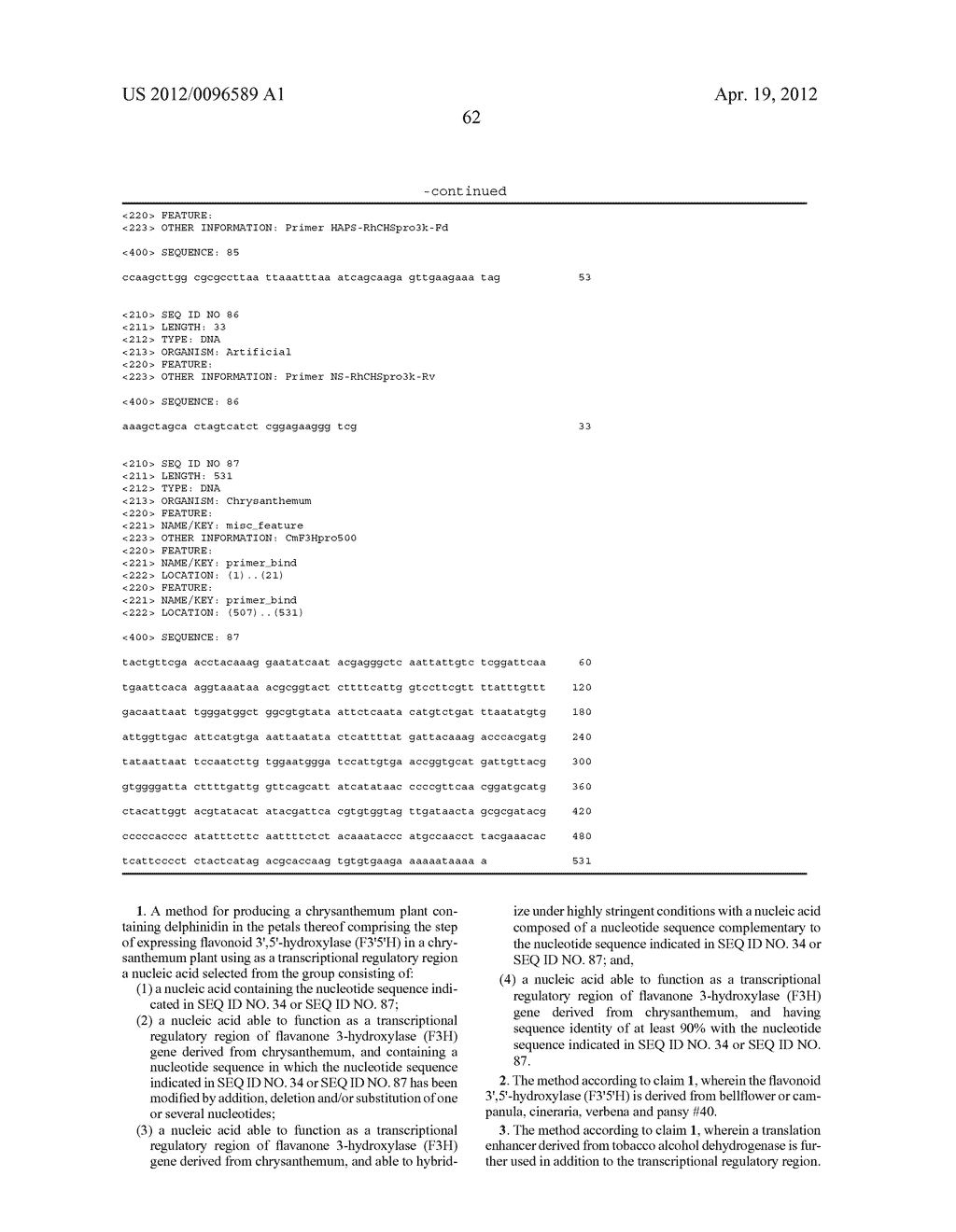 METHOD FOR PRODUCTION OF CHRYSANTHEMUM PLANT HAVING DELPHINIDIN-CONTAINING     PETALS - diagram, schematic, and image 67