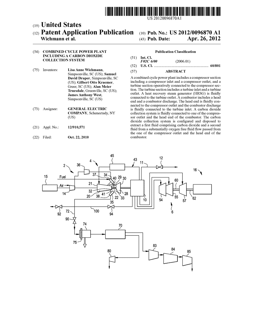 COMBINED CYCLE POWER PLANT INCLUDING A CARBON DIOXIDE COLLECTION SYSTEM - diagram, schematic, and image 01