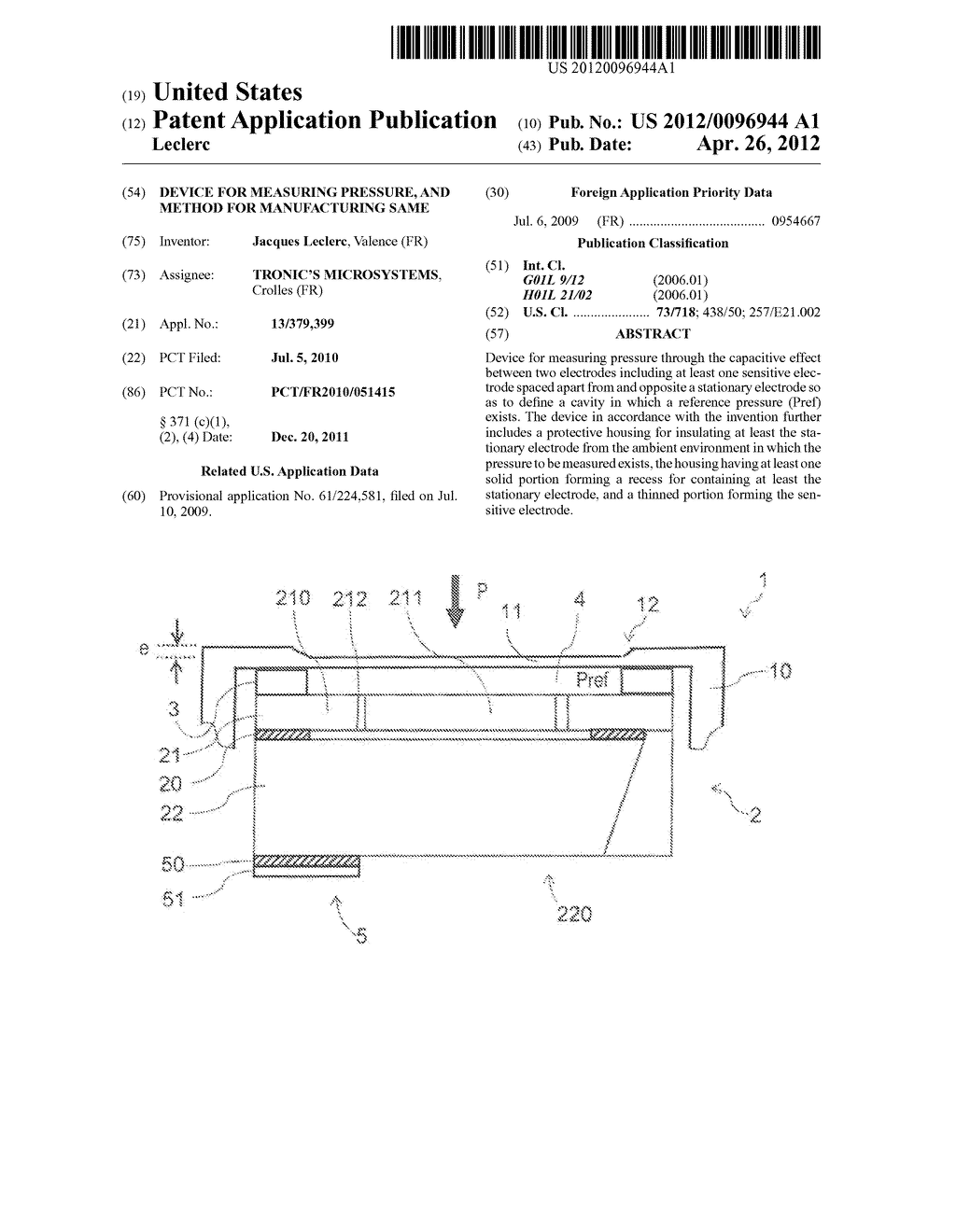 DEVICE FOR MEASURING PRESSURE,  AND METHOD FOR MANUFACTURING SAME - diagram, schematic, and image 01